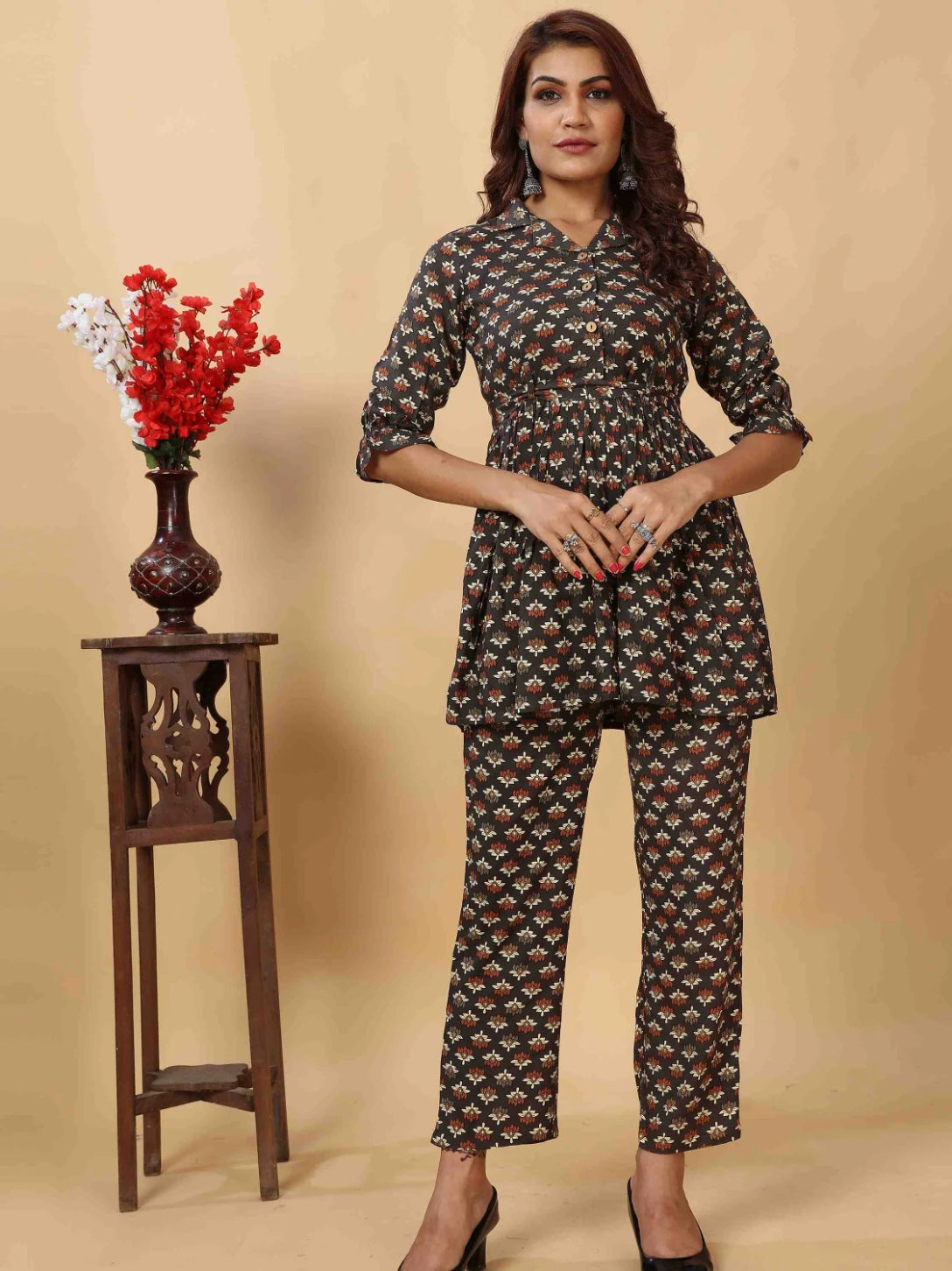 DARK GREY RAYON FLORAL PRINTED CO-ORD SET