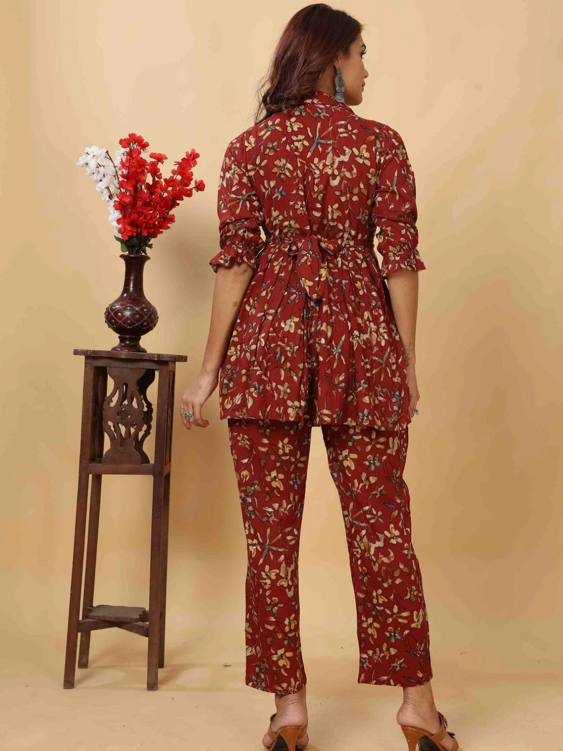 MAROON RAYON FLORAL PRINTED CO-ORD SET