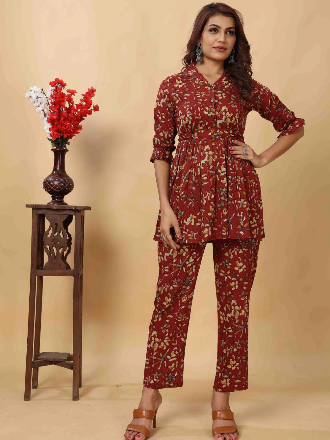 MAROON RAYON FLORAL PRINTED CO-ORD SET