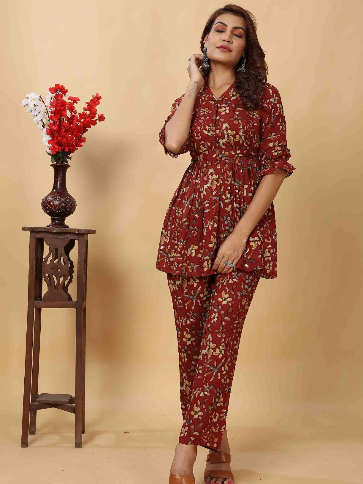 MAROON RAYON FLORAL PRINTED CO-ORD SET