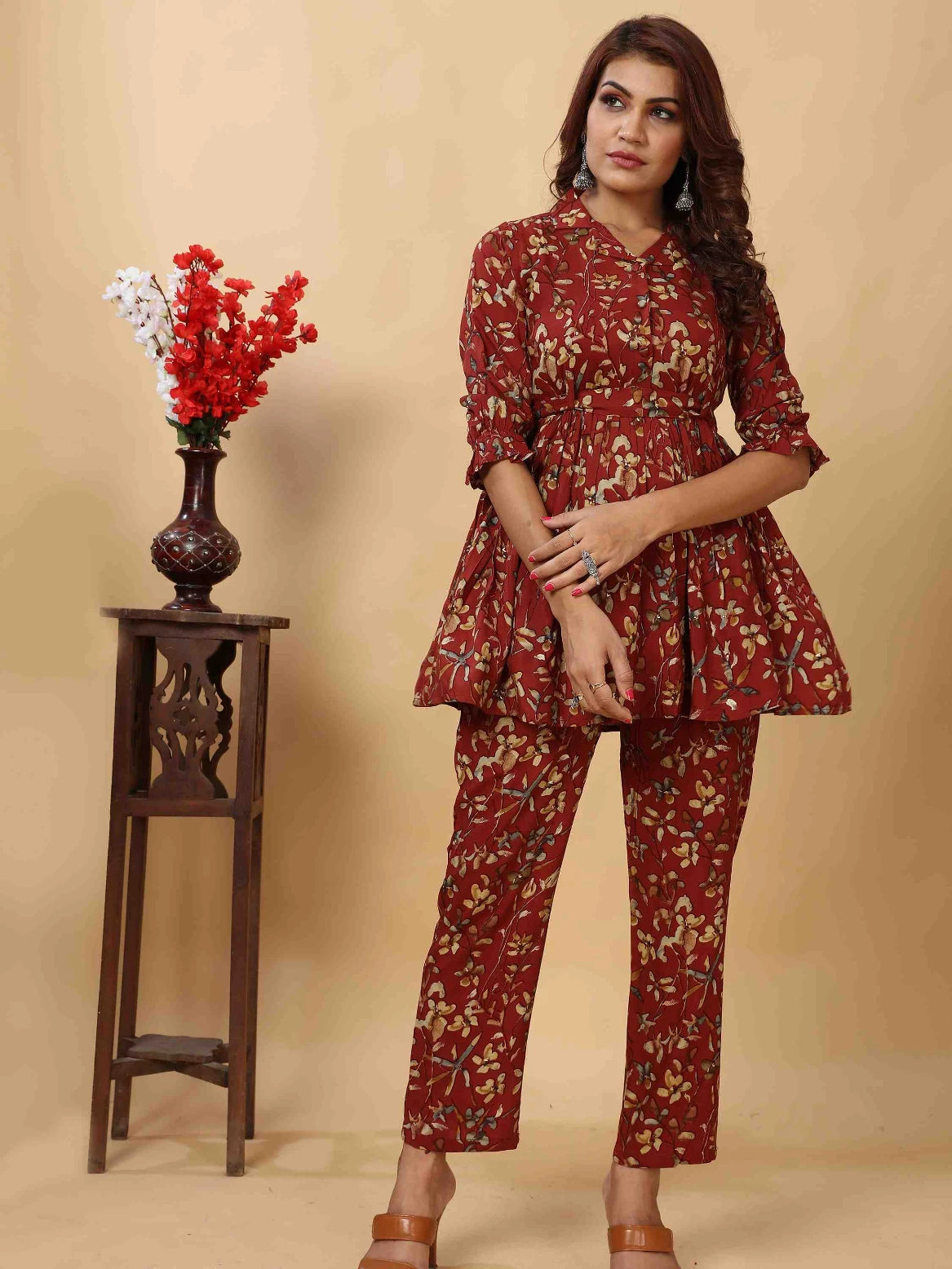 MAROON RAYON FLORAL PRINTED CO-ORD SET