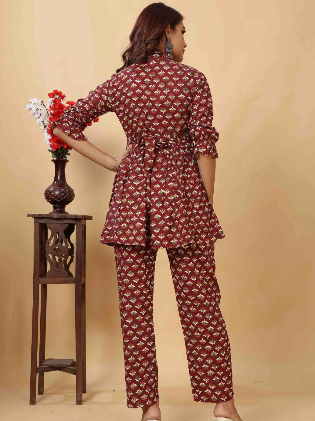 MAROON RAYON FLORAL PRINTED CO-ORD SET