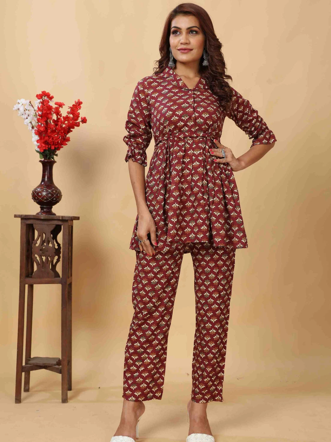 MAROON RAYON FLORAL PRINTED CO-ORD SET