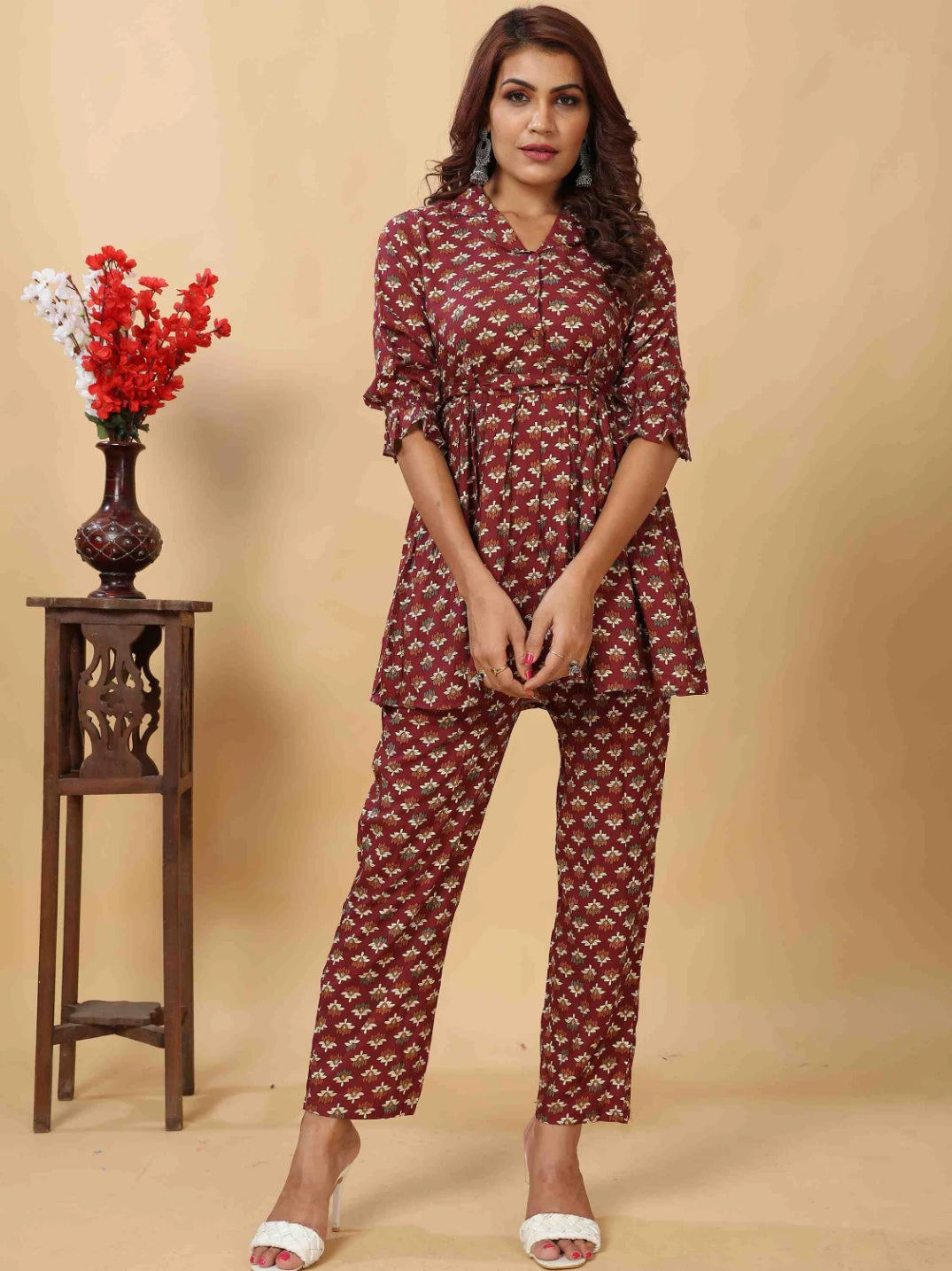 MAROON RAYON FLORAL PRINTED CO-ORD SET