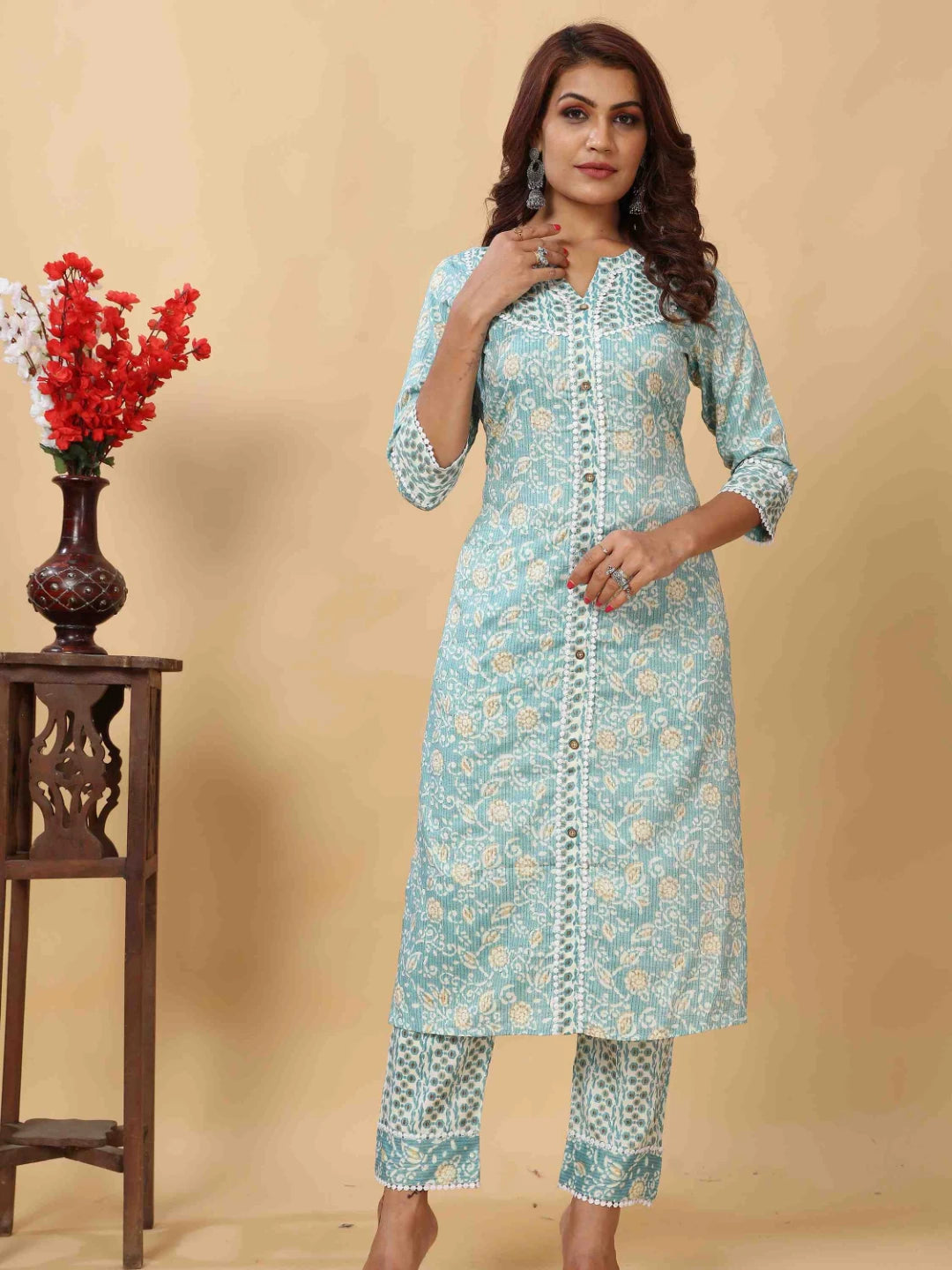 BLUE POLY COTTON FLORAL FOIL PRINTED KURTI SET