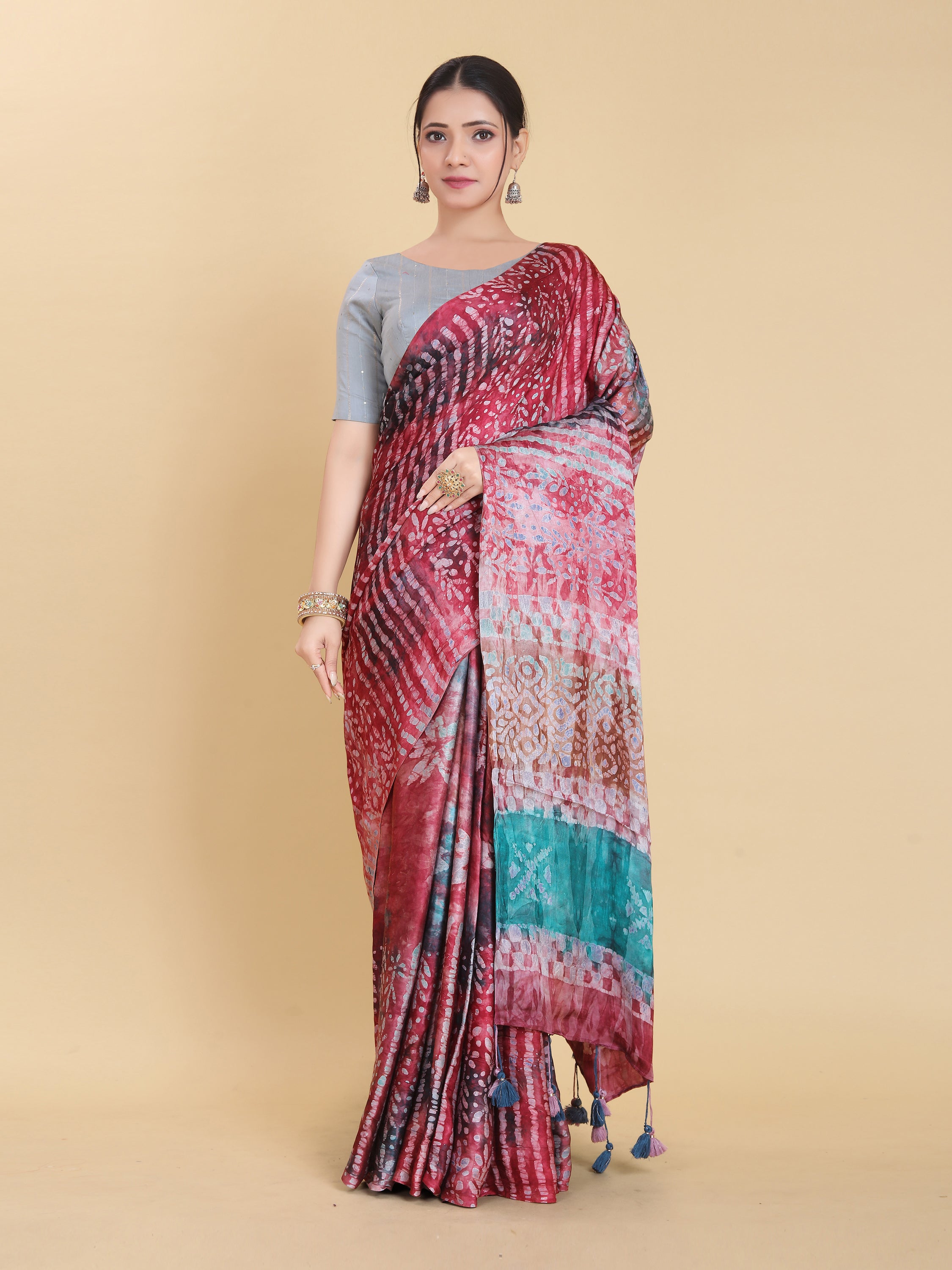 RED BEMBERG SATIN BATIK PRINTED SAREE WITH BLOUSE