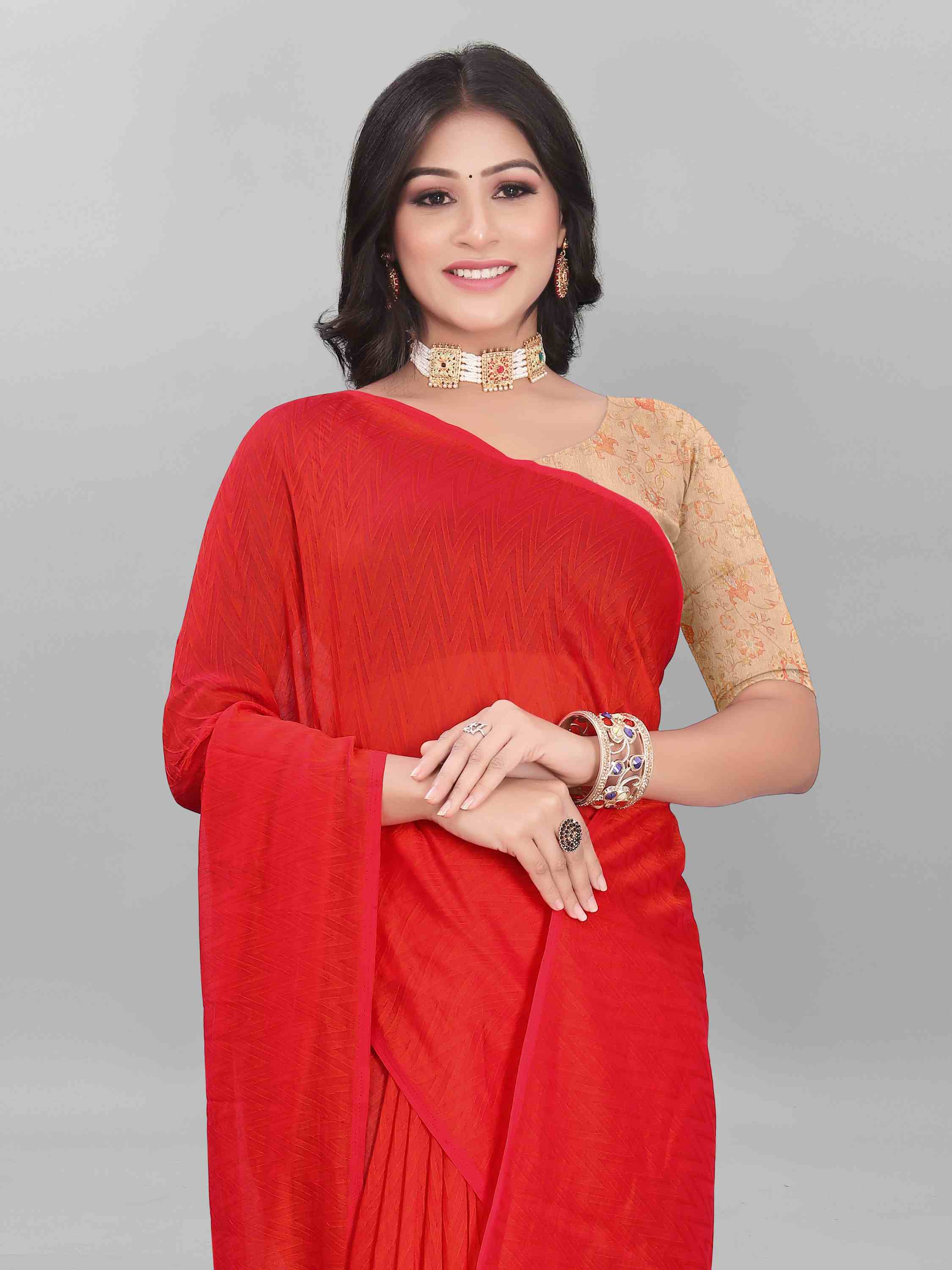 RED SELF TEXTURED SAREE WITH BLOUSE