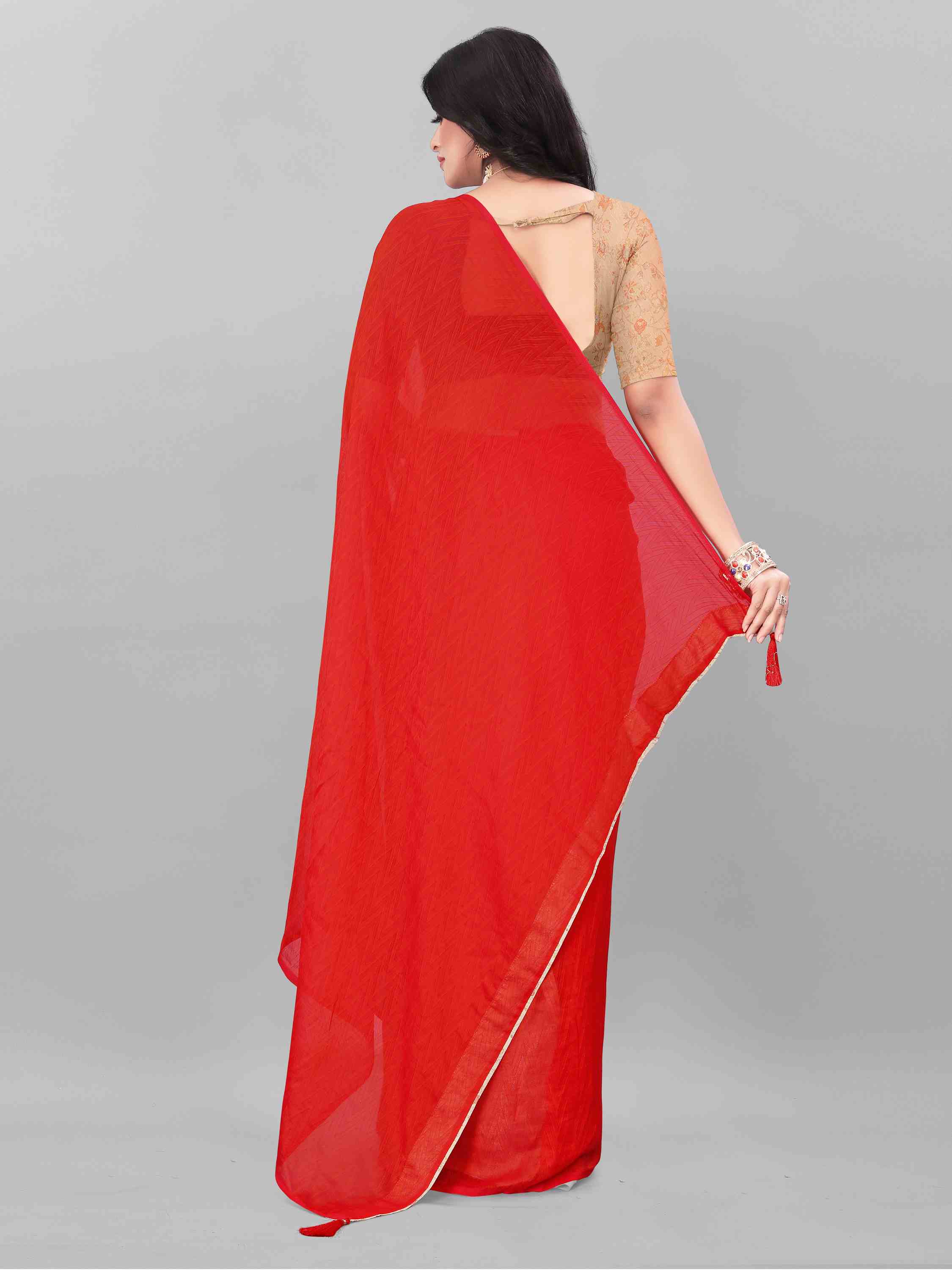 RED SELF TEXTURED SAREE WITH BLOUSE