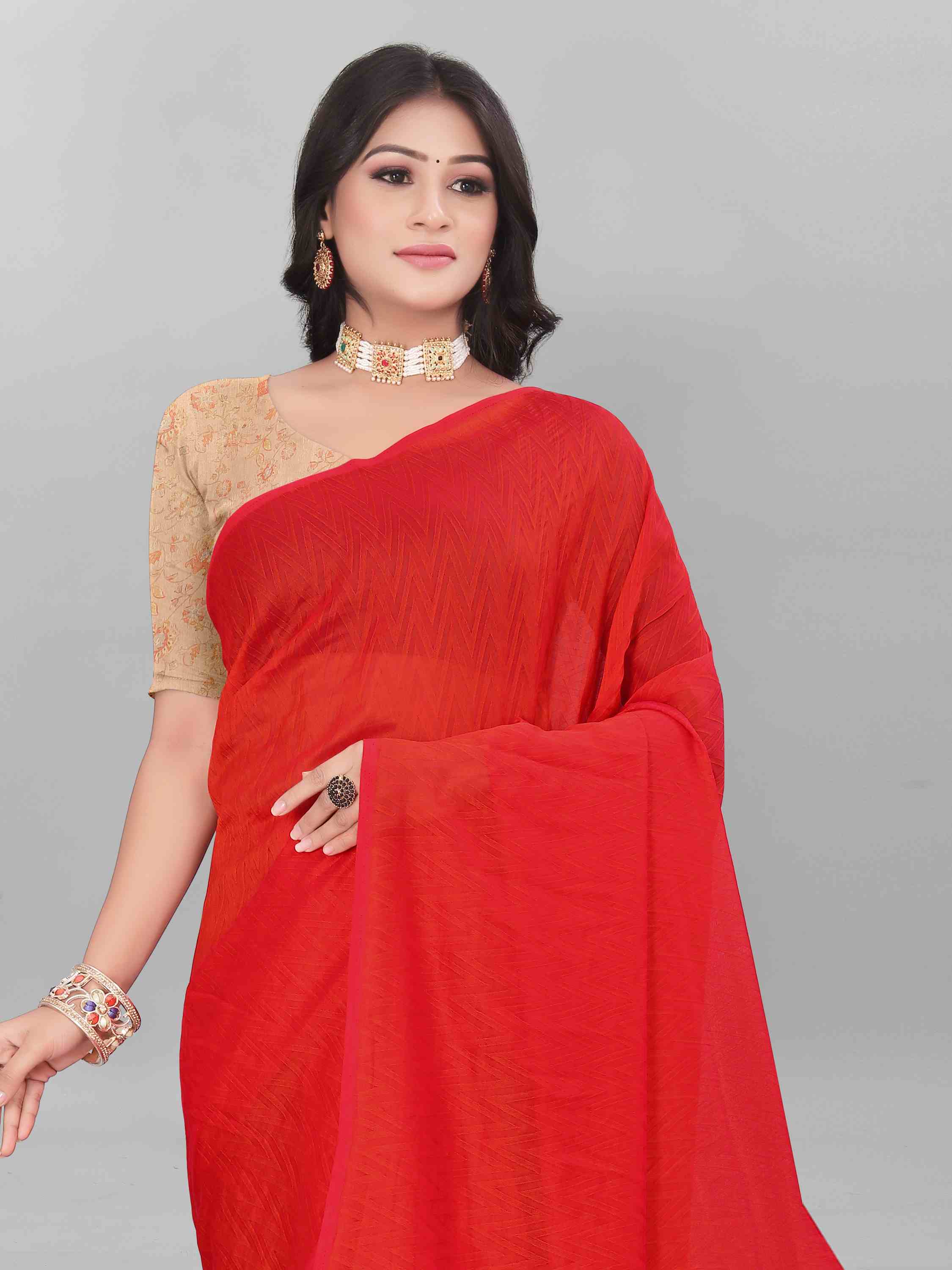 RED SELF TEXTURED SAREE WITH BLOUSE