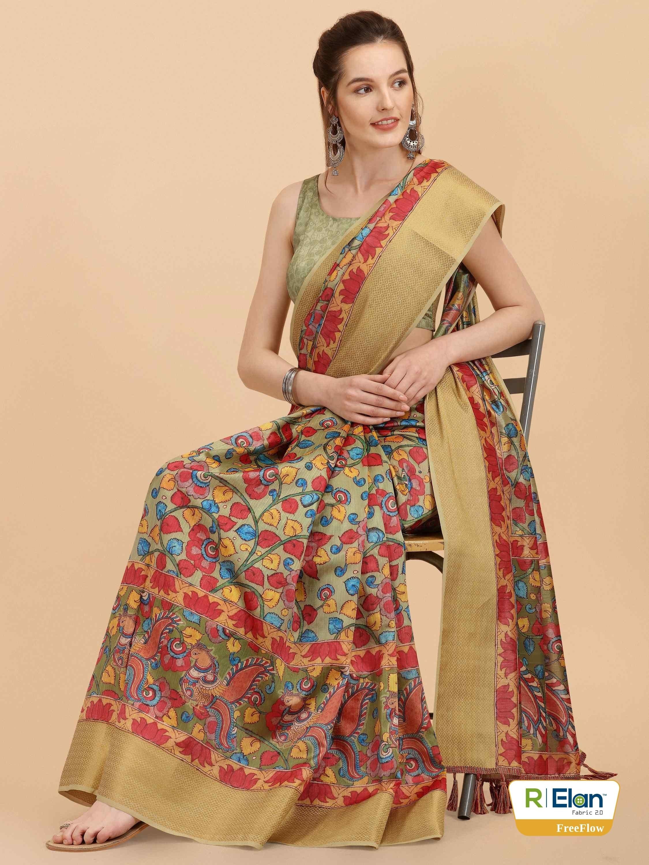 PASTEL GREEN KALAMKARI SILK SAREE WITH BLOUSE