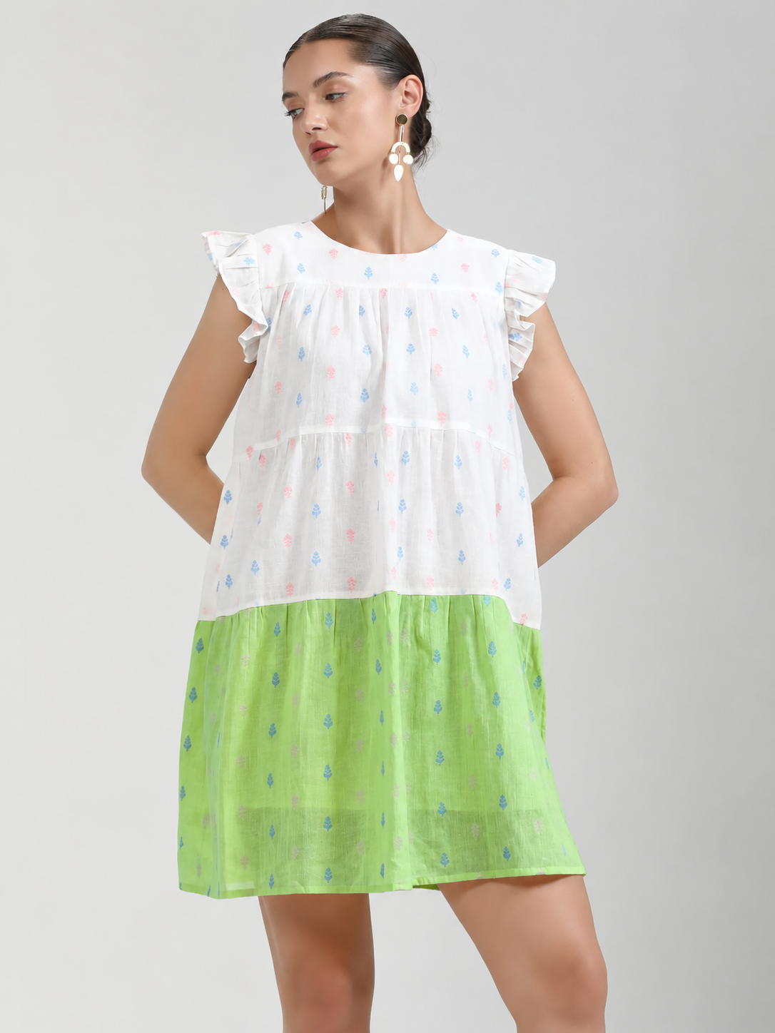 GREEN WHITE COTTON CANDY LEAF ONE PCS DRESS