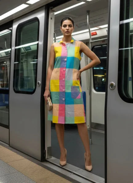 VISCOSE MUL MADRAS CHECK SLEEVE LESS DRESS