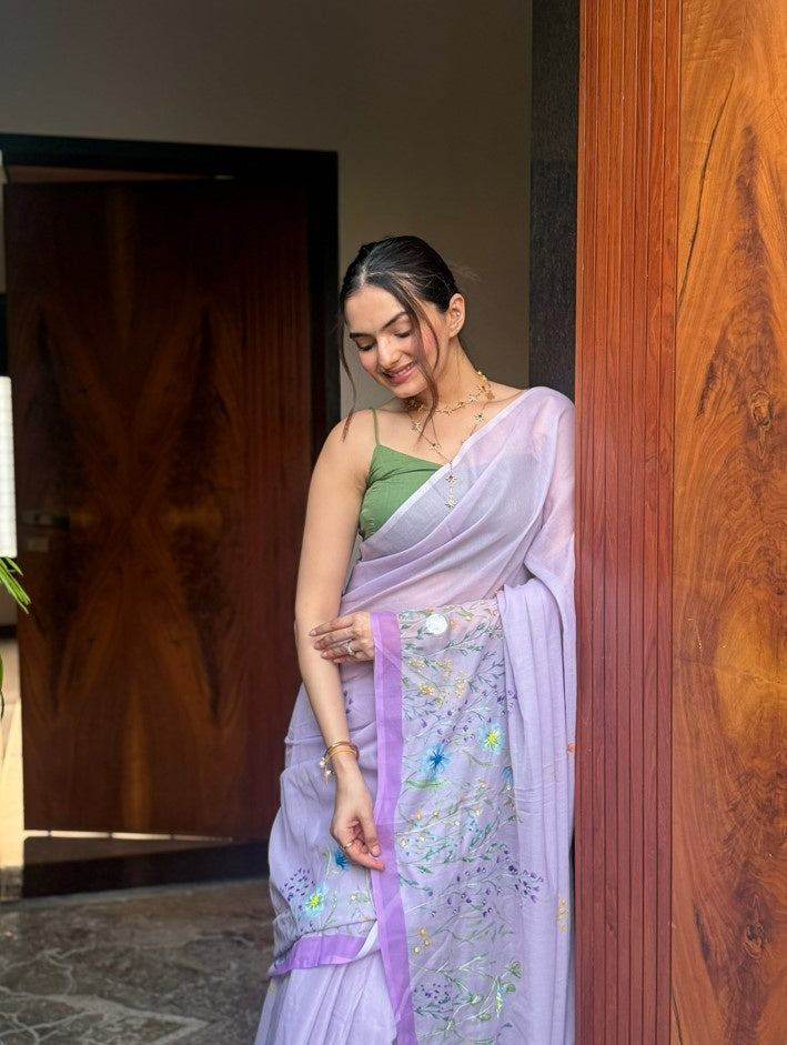 ANUSHA PATEL SUPER FEEL LAVENDER HAND EMBROIDERY DESIGNER SAREE