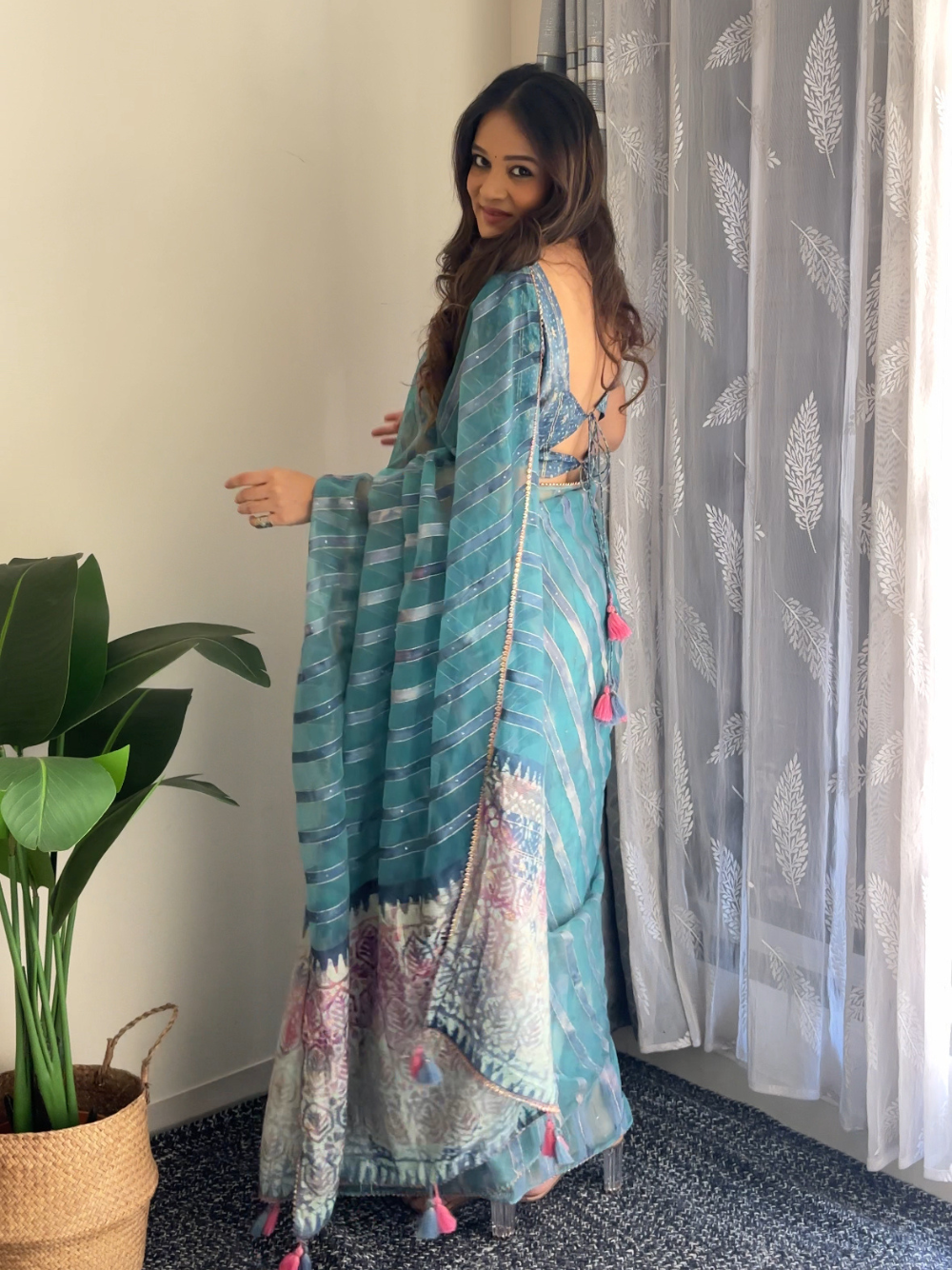 HAND DYED BATIK PRINTED SAREE ADORNED WITH GOTA LACE