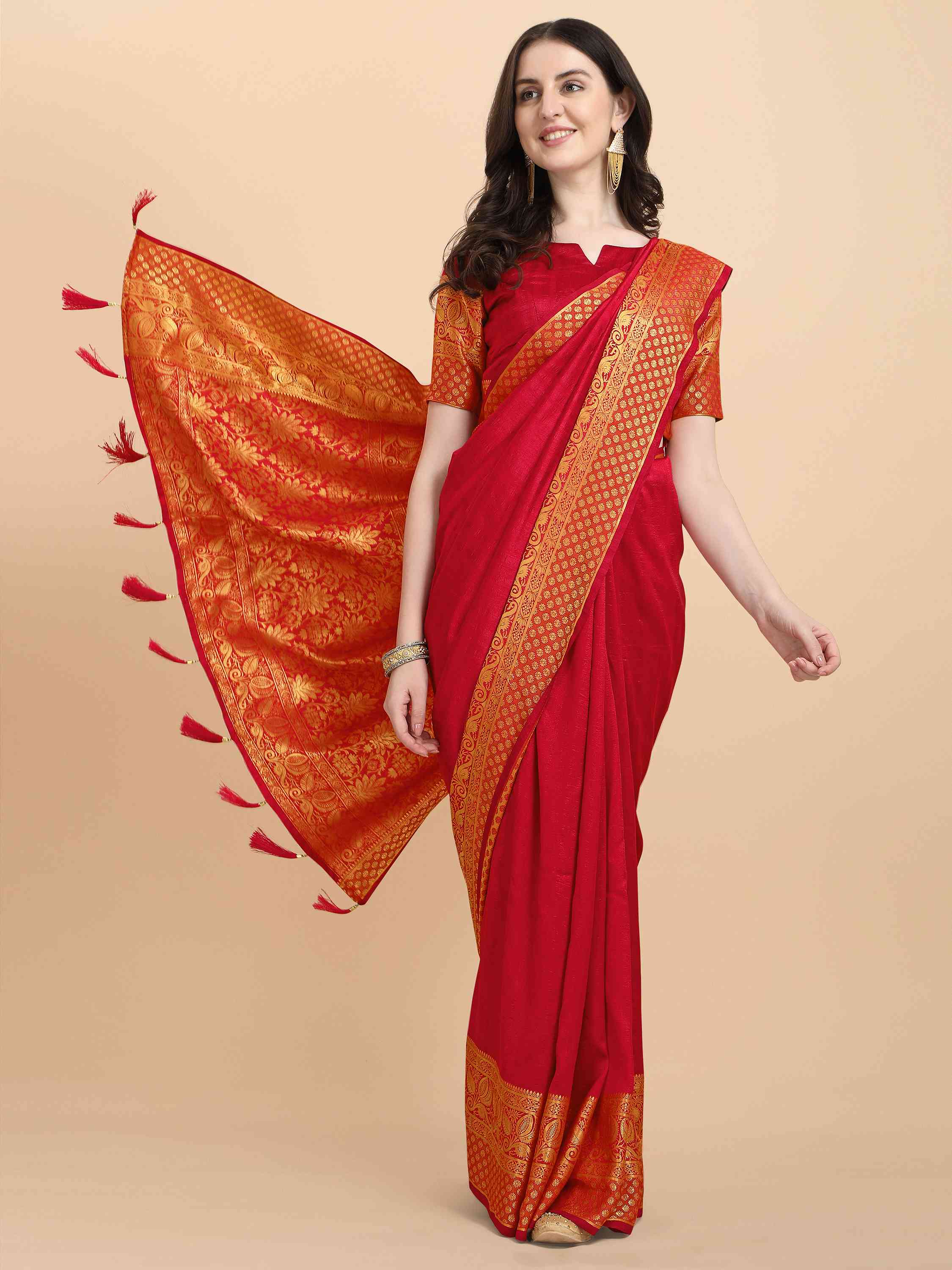 RED ART SILK SAREE WITH BLOUSE