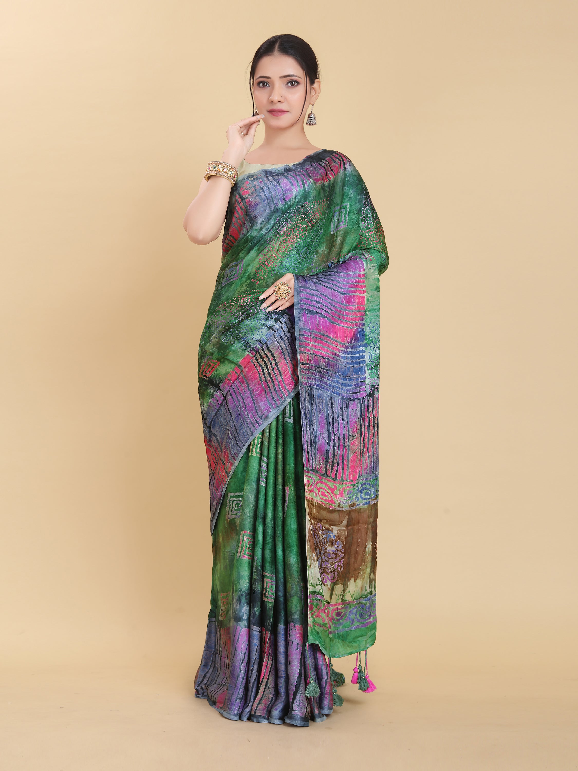 GREEN BEMBERG SATIN BATIK PRINTED SAREE WITH BLOUSE
