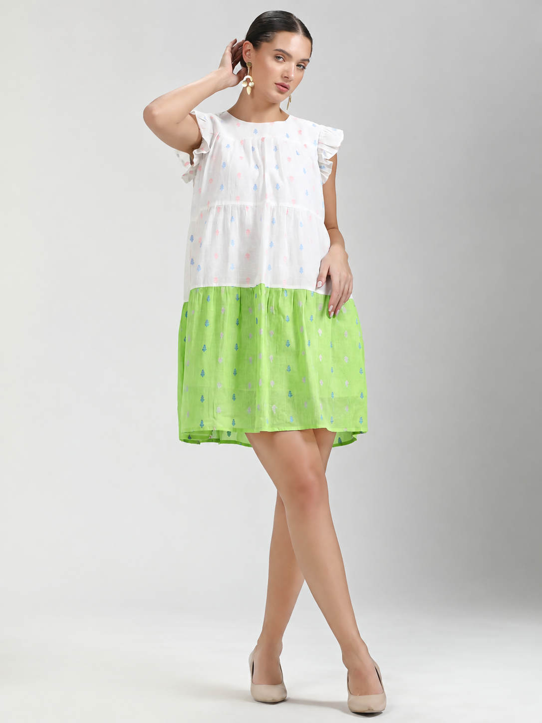GREEN WHITE COTTON CANDY LEAF ONE PCS DRESS