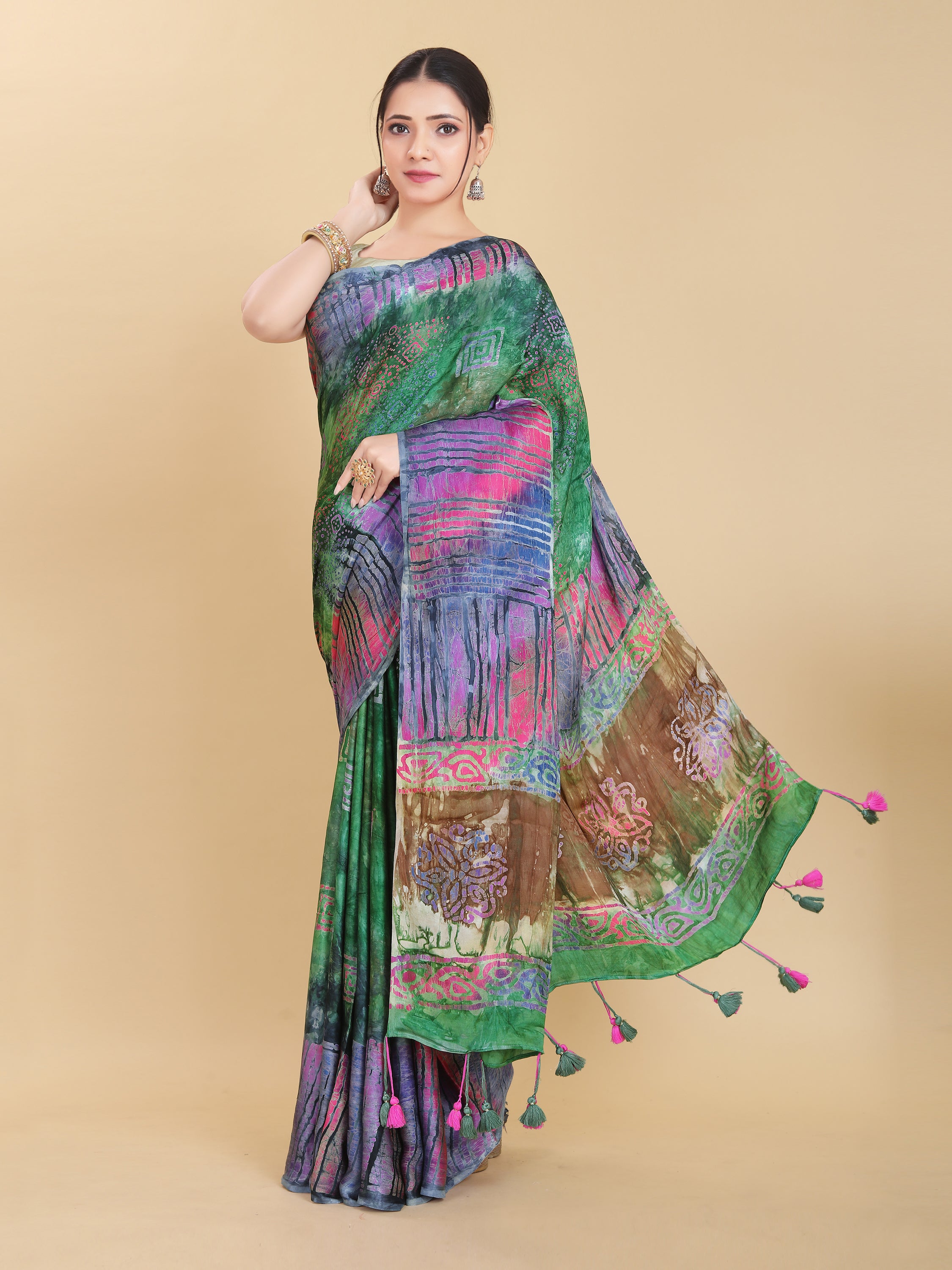 GREEN BEMBERG SATIN BATIK PRINTED SAREE WITH BLOUSE