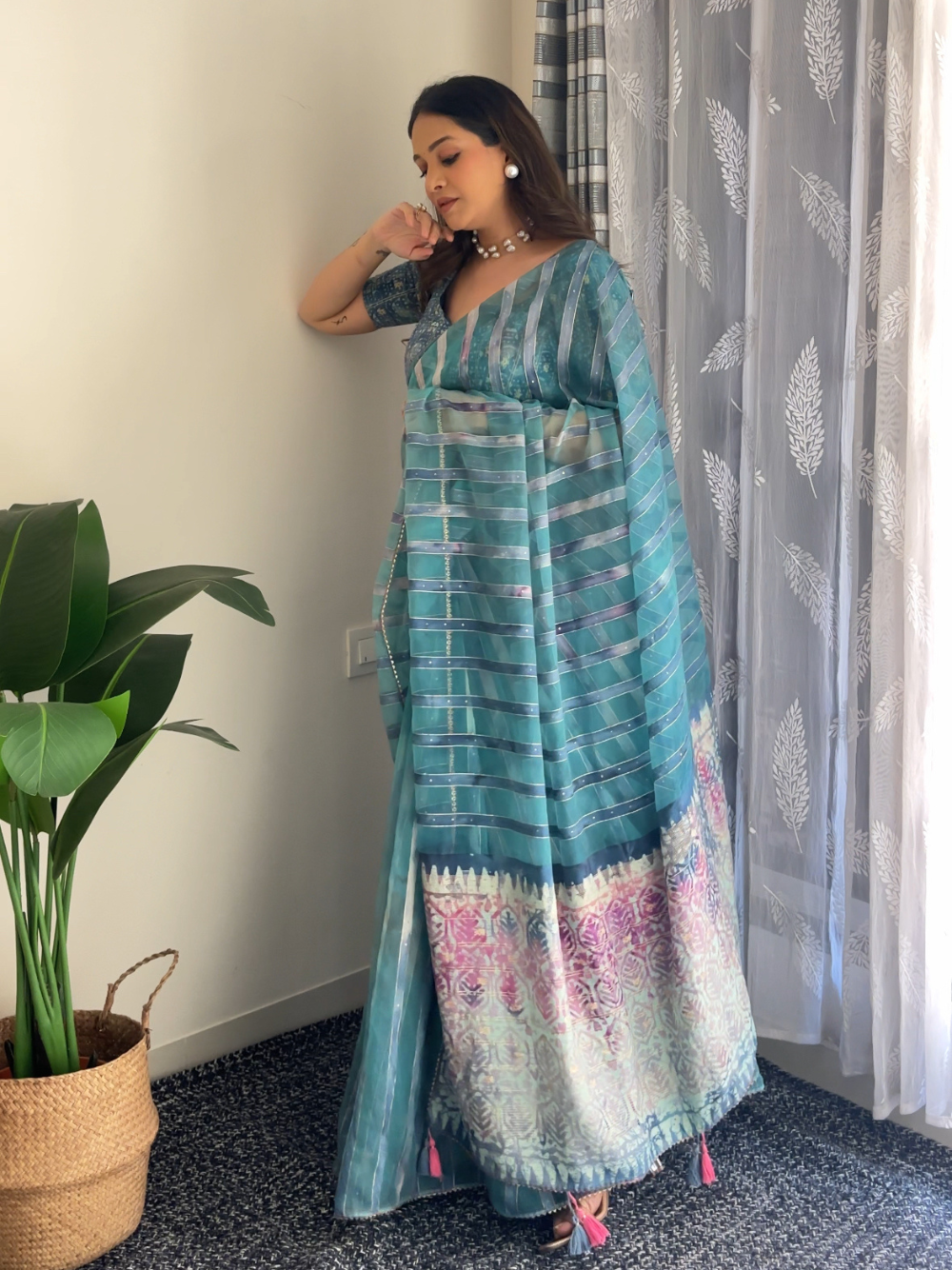 HAND DYED BATIK PRINTED SAREE ADORNED WITH GOTA LACE