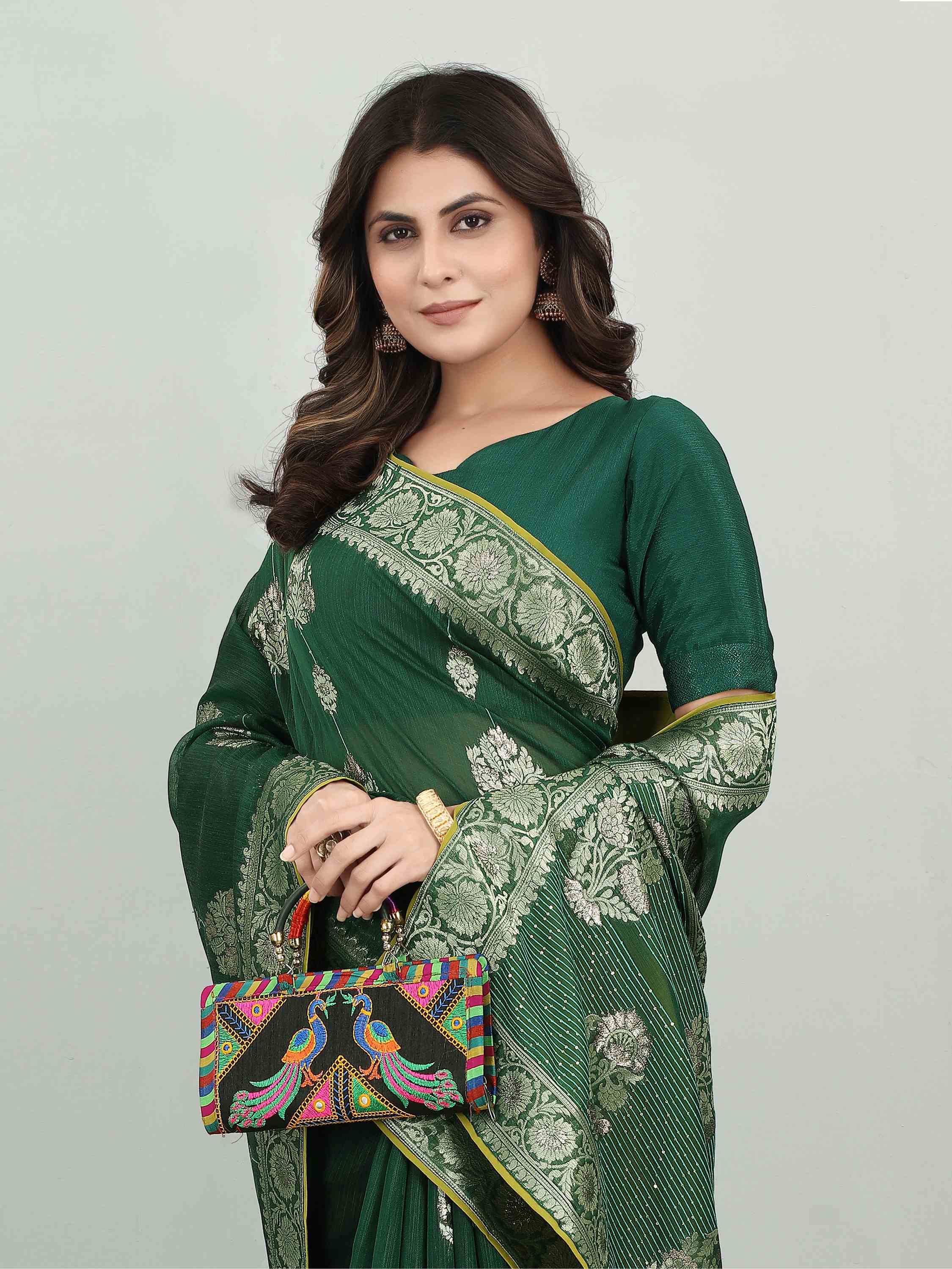 FEEZY LINEN BOTTLE GREEN BLACKBERRY SAREE