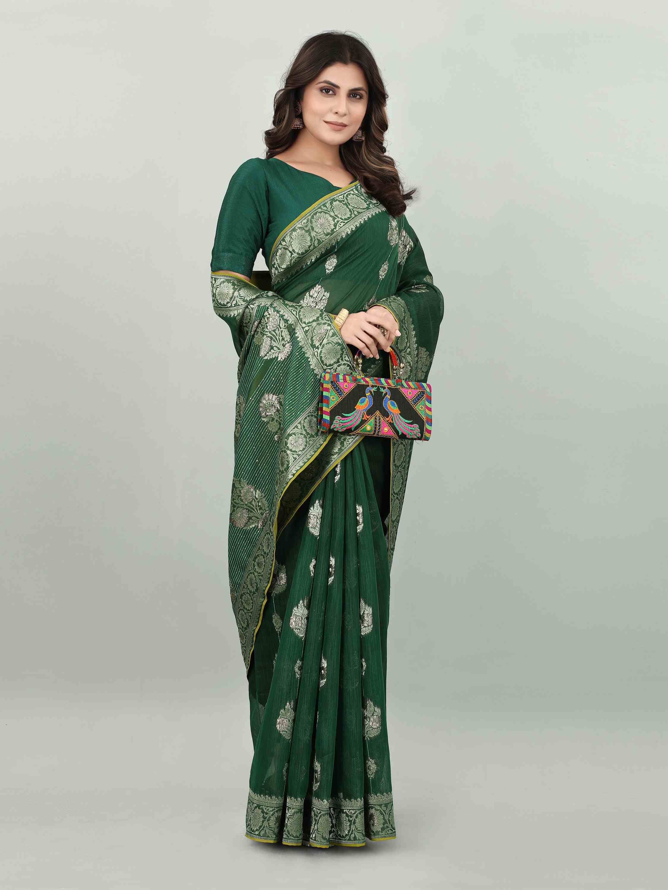 FEEZY LINEN BOTTLE GREEN BLACKBERRY SAREE