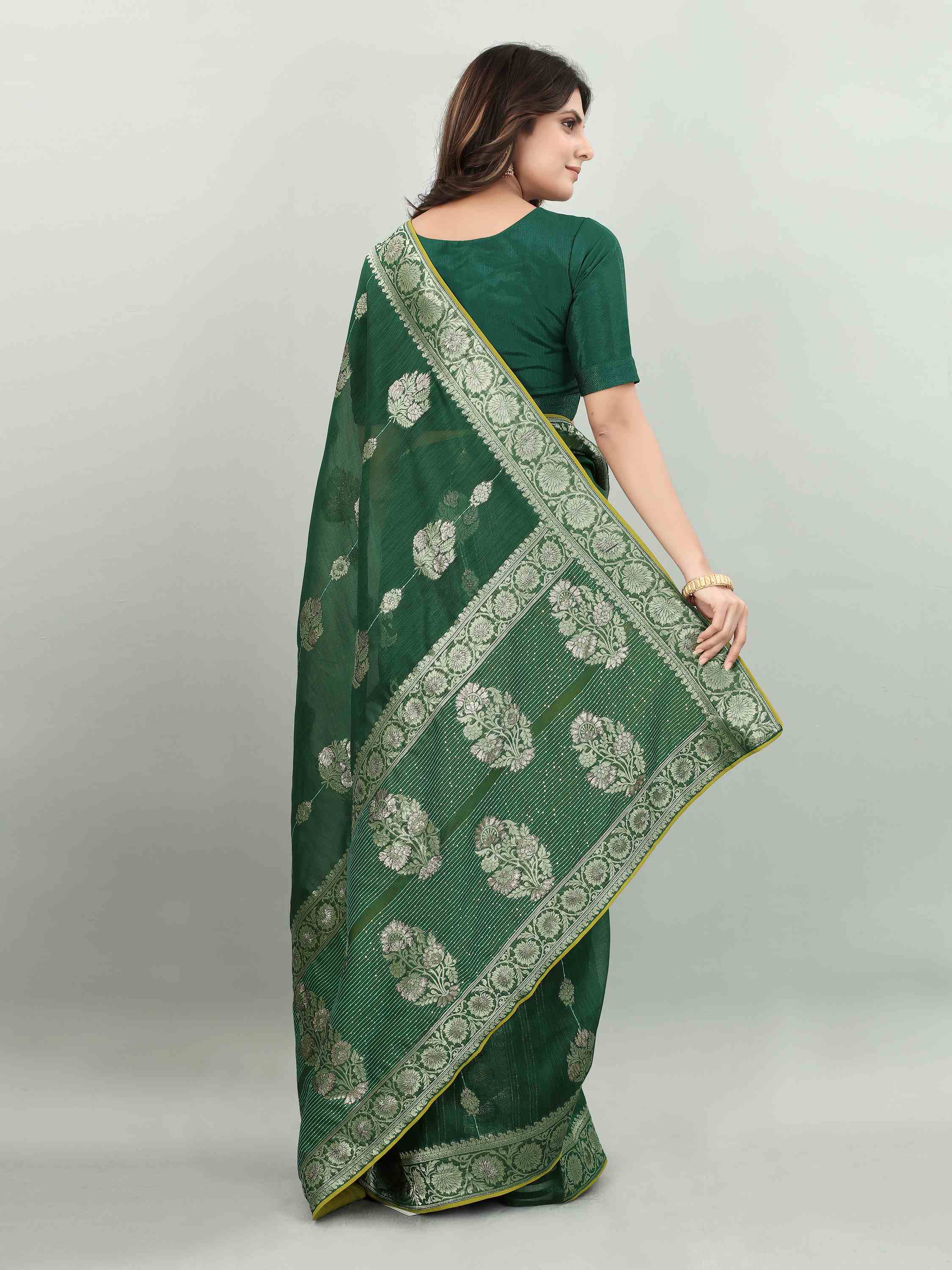 FEEZY LINEN BOTTLE GREEN BLACKBERRY SAREE