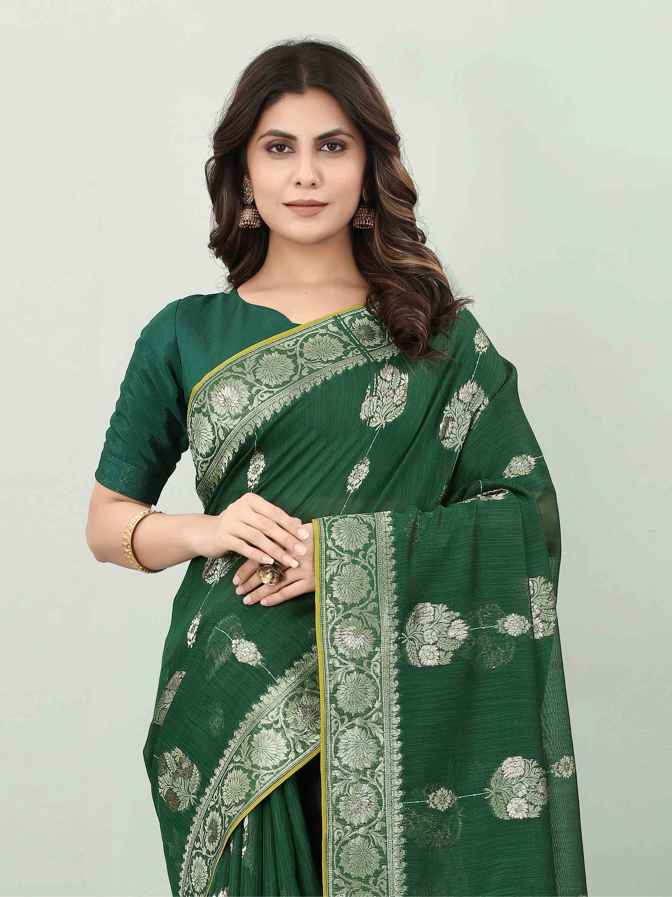 FEEZY LINEN BOTTLE GREEN BLACKBERRY SAREE