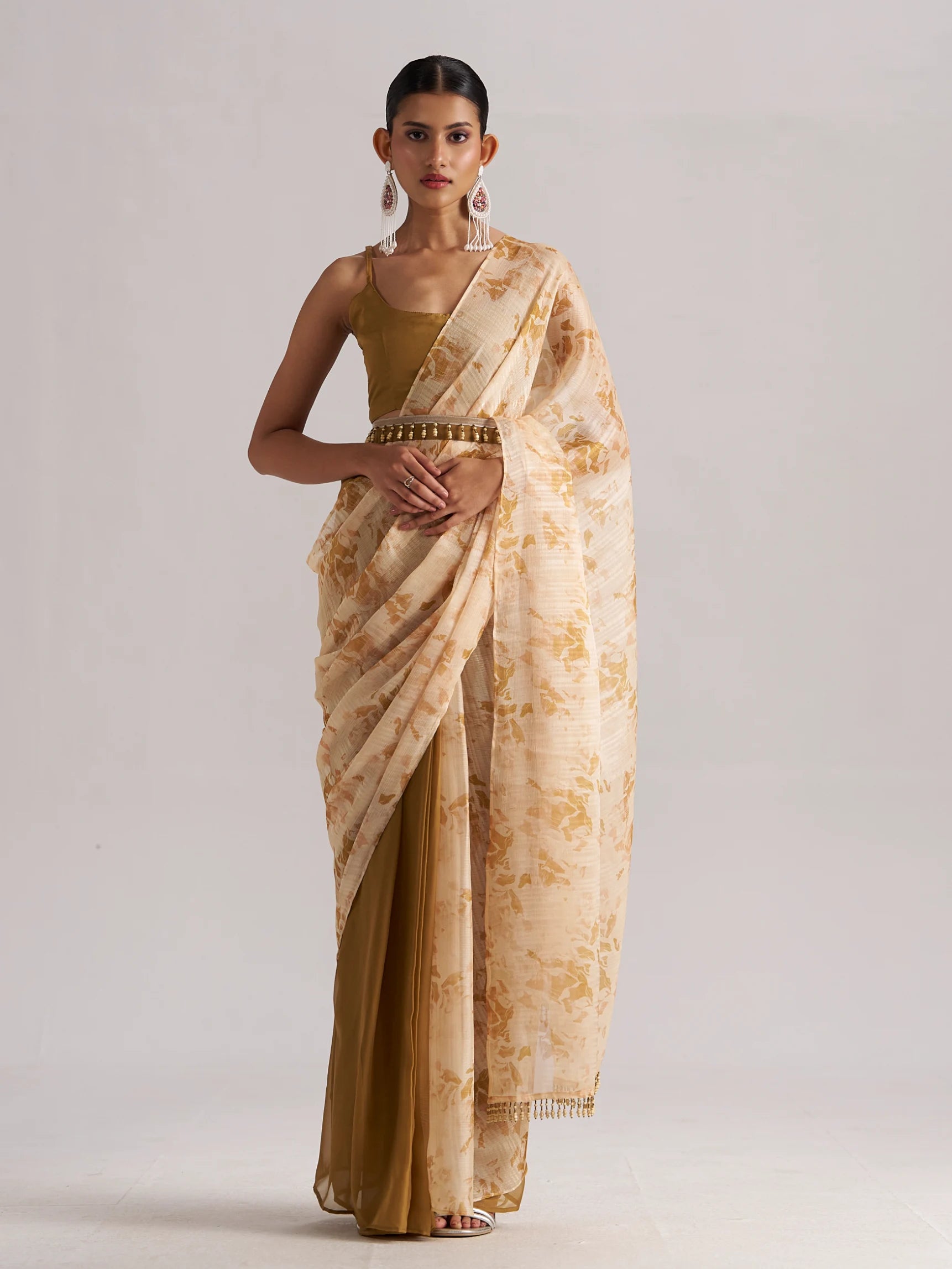 BROWN ZIRCON READY TO WEAR SAREE WITH BLOUSE