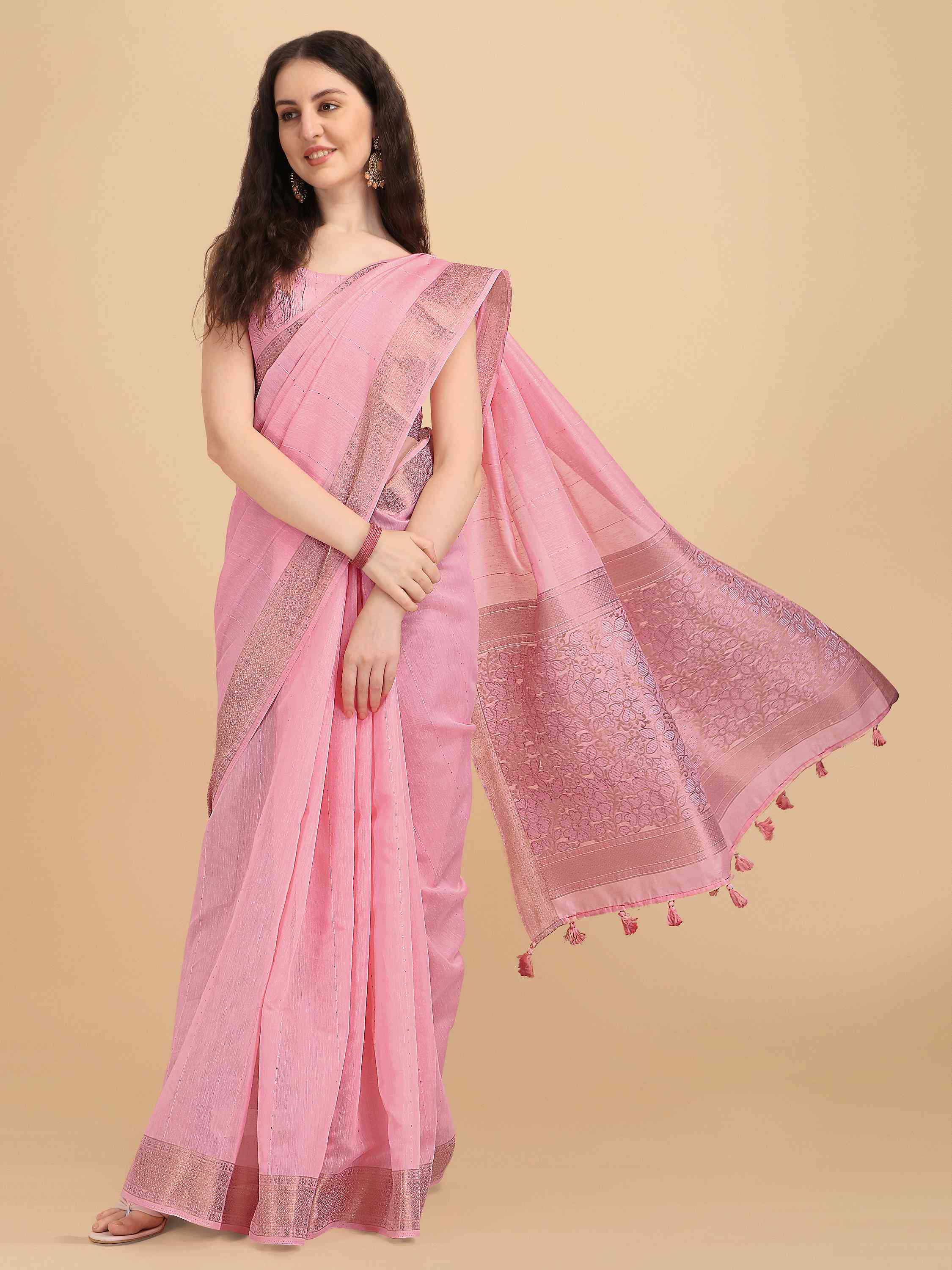 DUNGRANI PINK FLORA COTTON SILK SAREE WITH BLOUSE