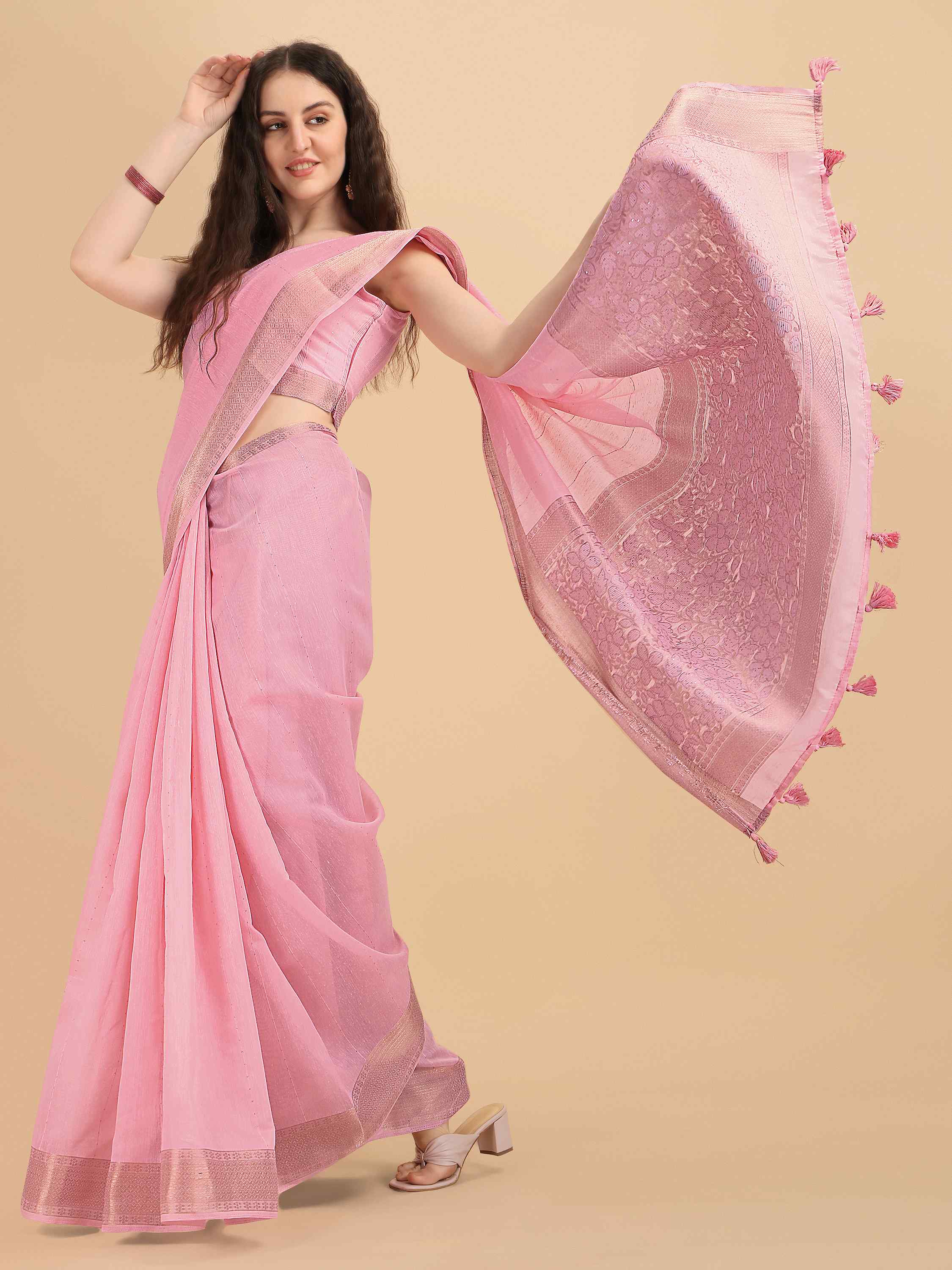 DUNGRANI PINK FLORA COTTON SILK SAREE WITH BLOUSE