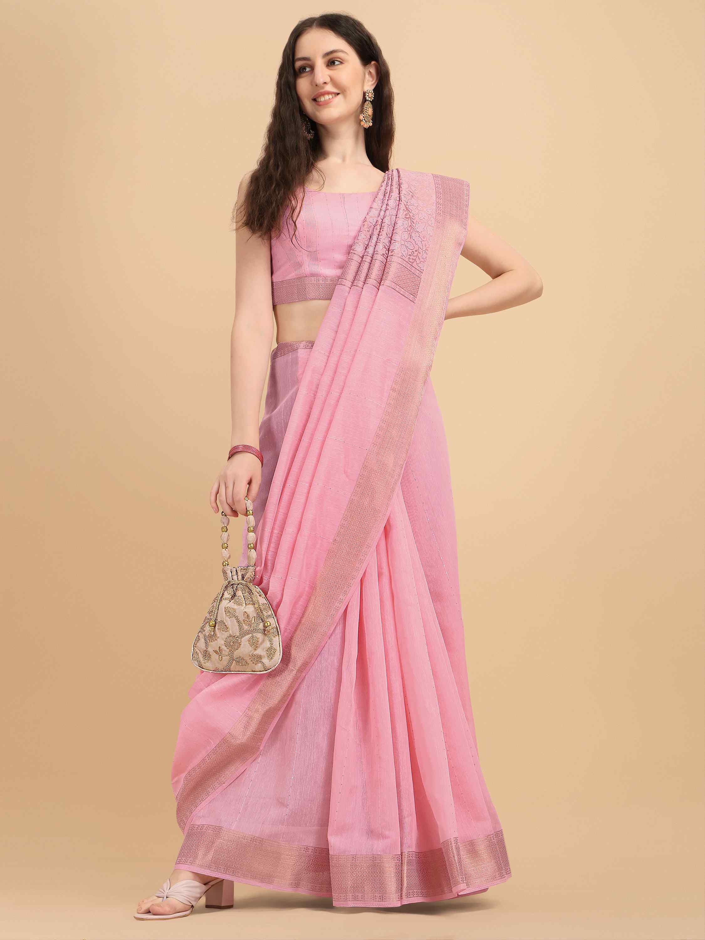 DUNGRANI PINK FLORA COTTON SILK SAREE WITH BLOUSE