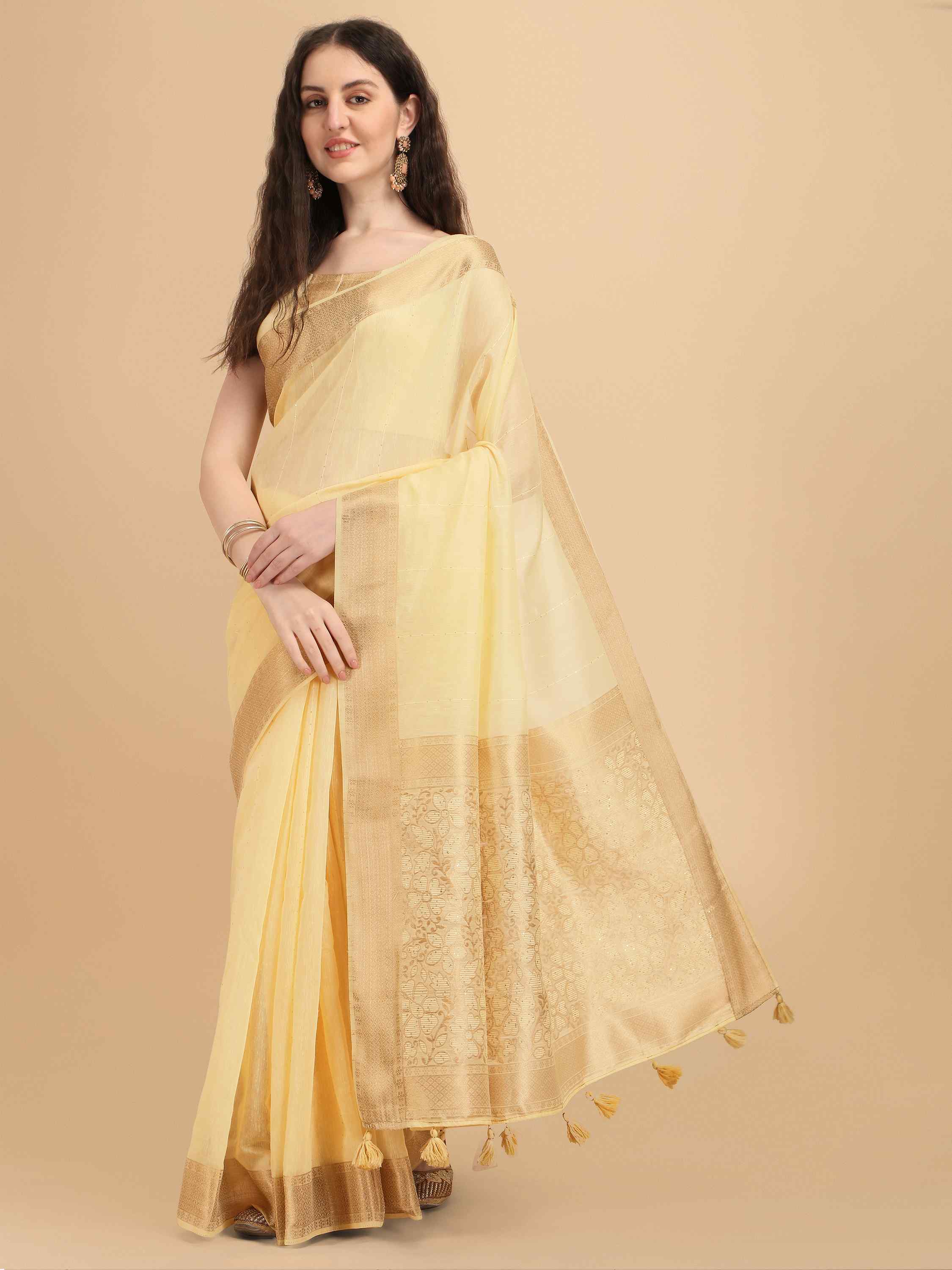 DUNGRANI YELLOW FLORA COTTON SILK SAREE WITH BLOUSE