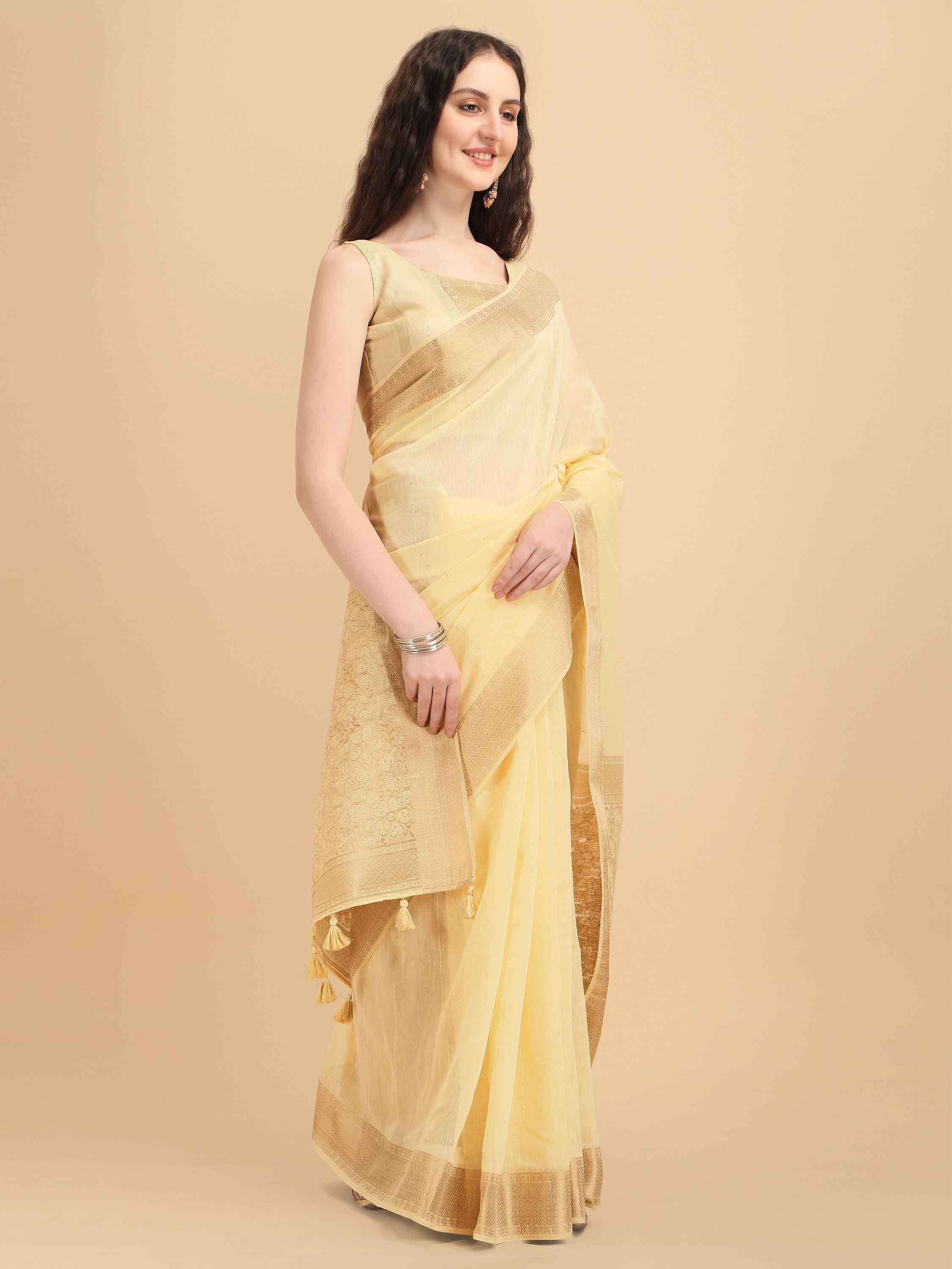 DUNGRANI YELLOW FLORA COTTON SILK SAREE WITH BLOUSE