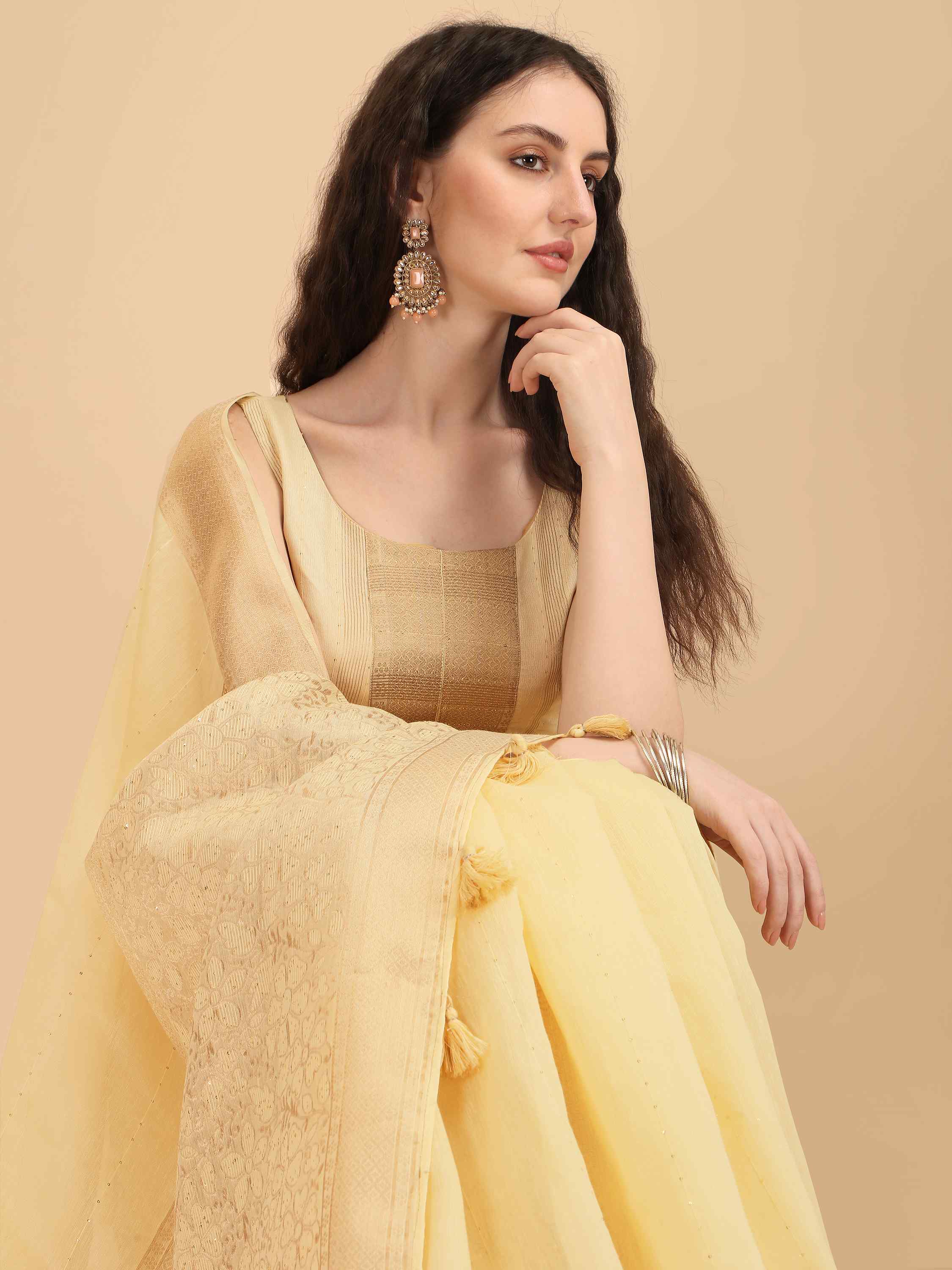 DUNGRANI YELLOW FLORA COTTON SILK SAREE WITH BLOUSE