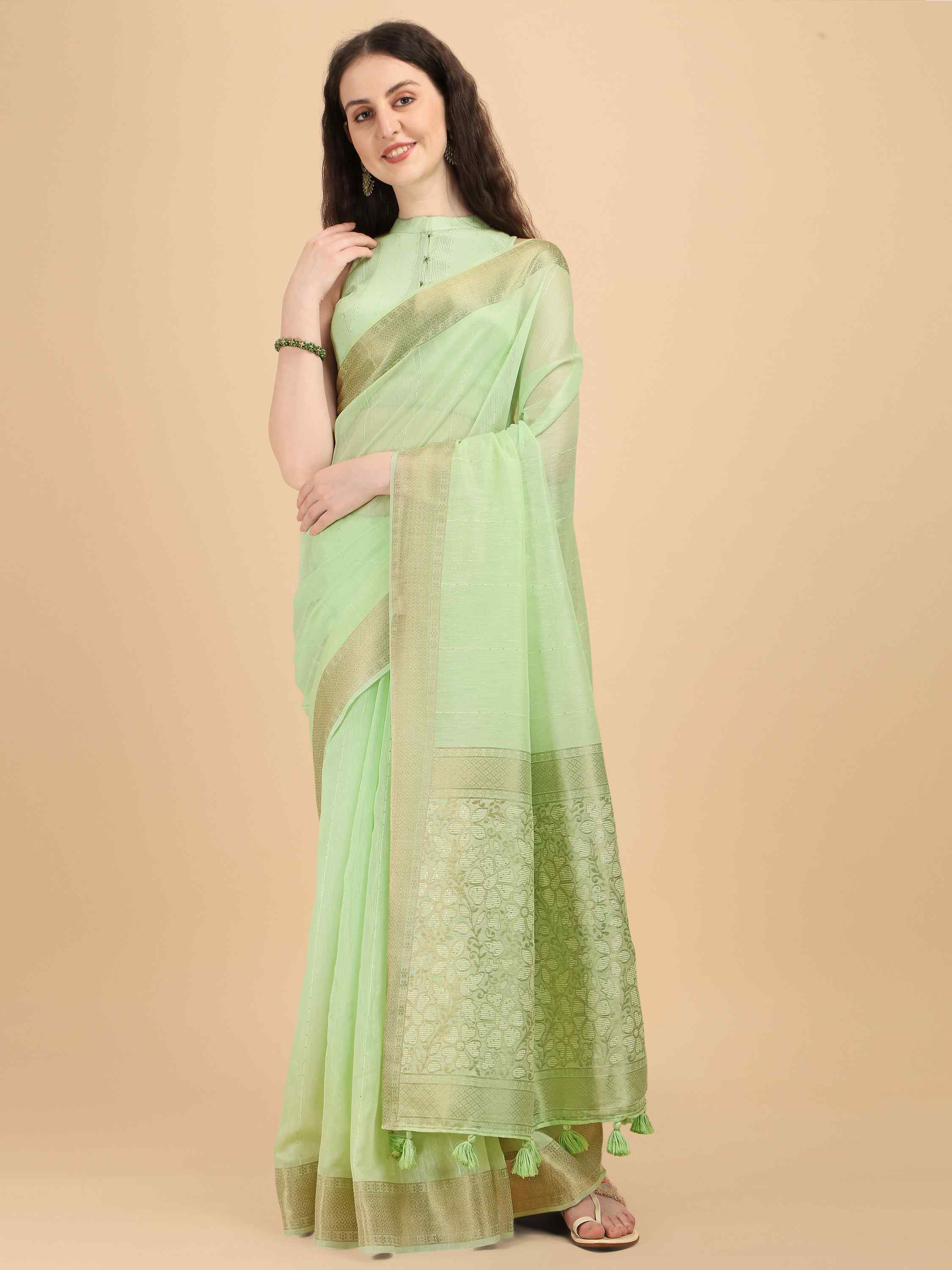 DUNGRANI PISTA FLORA COTTON SILK SAREE WITH BLOUSE