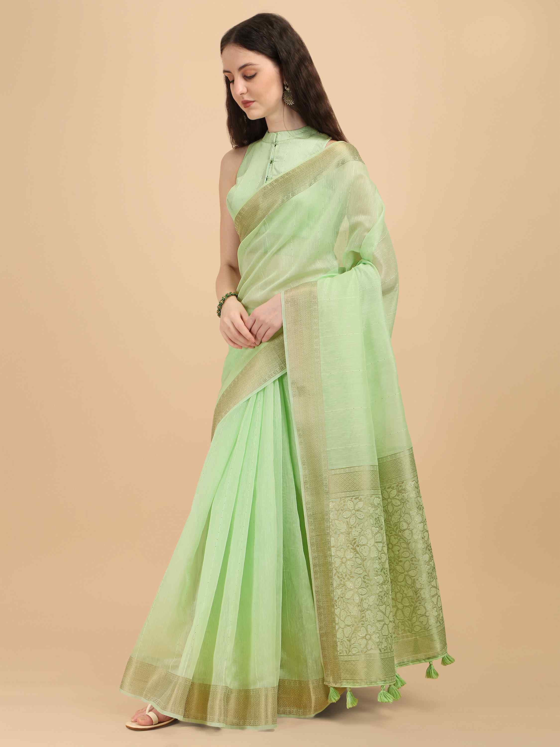 DUNGRANI PISTA FLORA COTTON SILK SAREE WITH BLOUSE