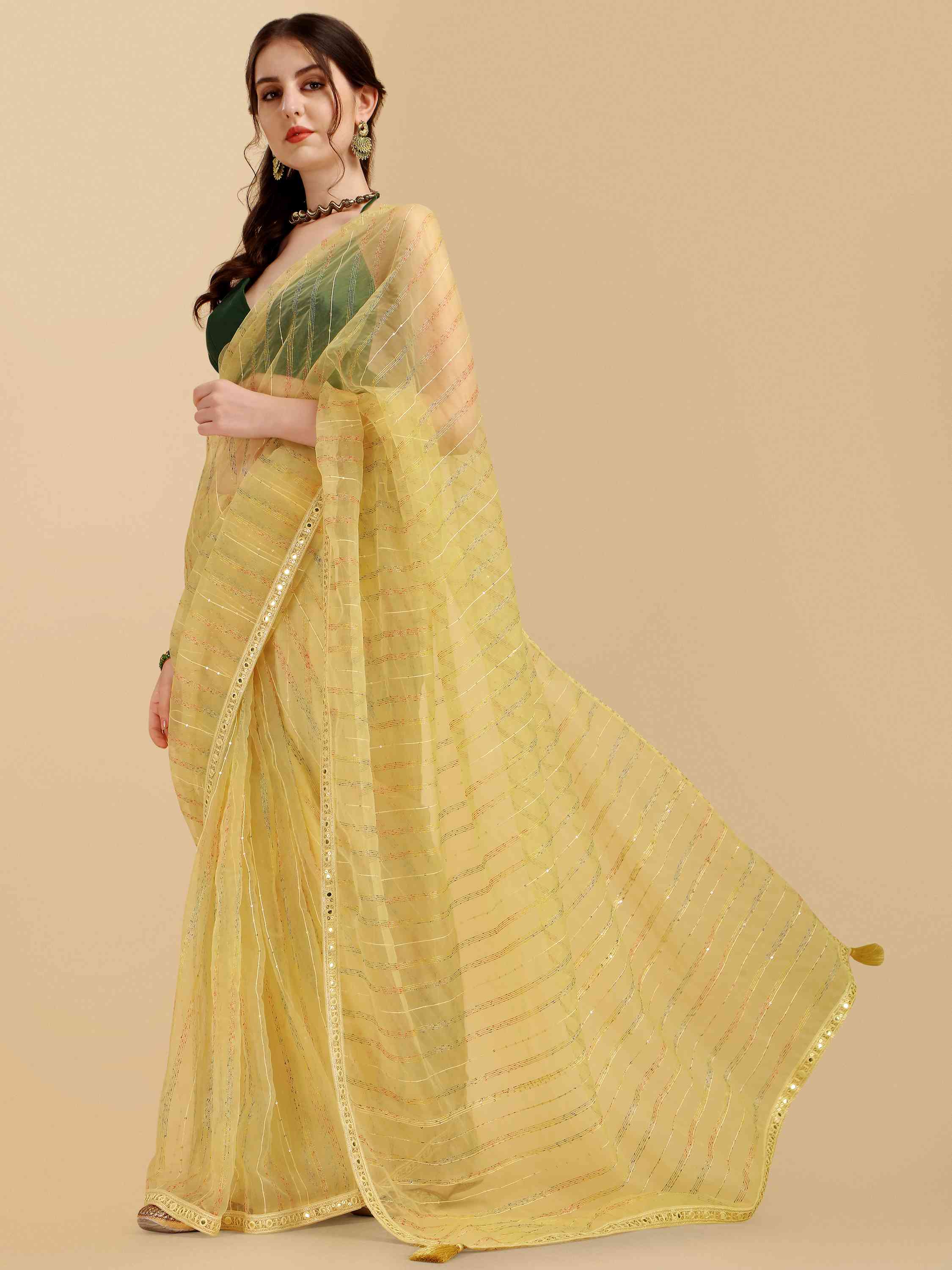 DUNGRANI YELLOW FEEZY MULTIMELON ORGANZA SILK SAREE