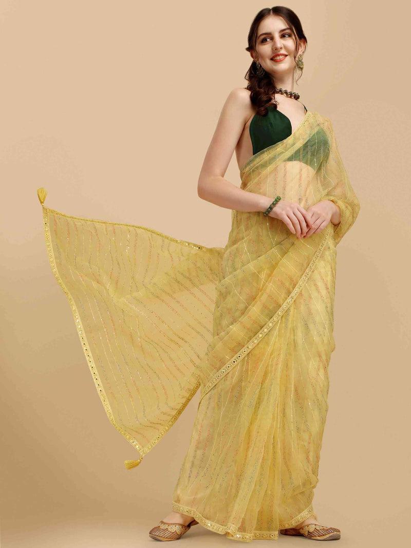 DUNGRANI YELLOW FEEZY MULTIMELON ORGANZA SILK SAREE