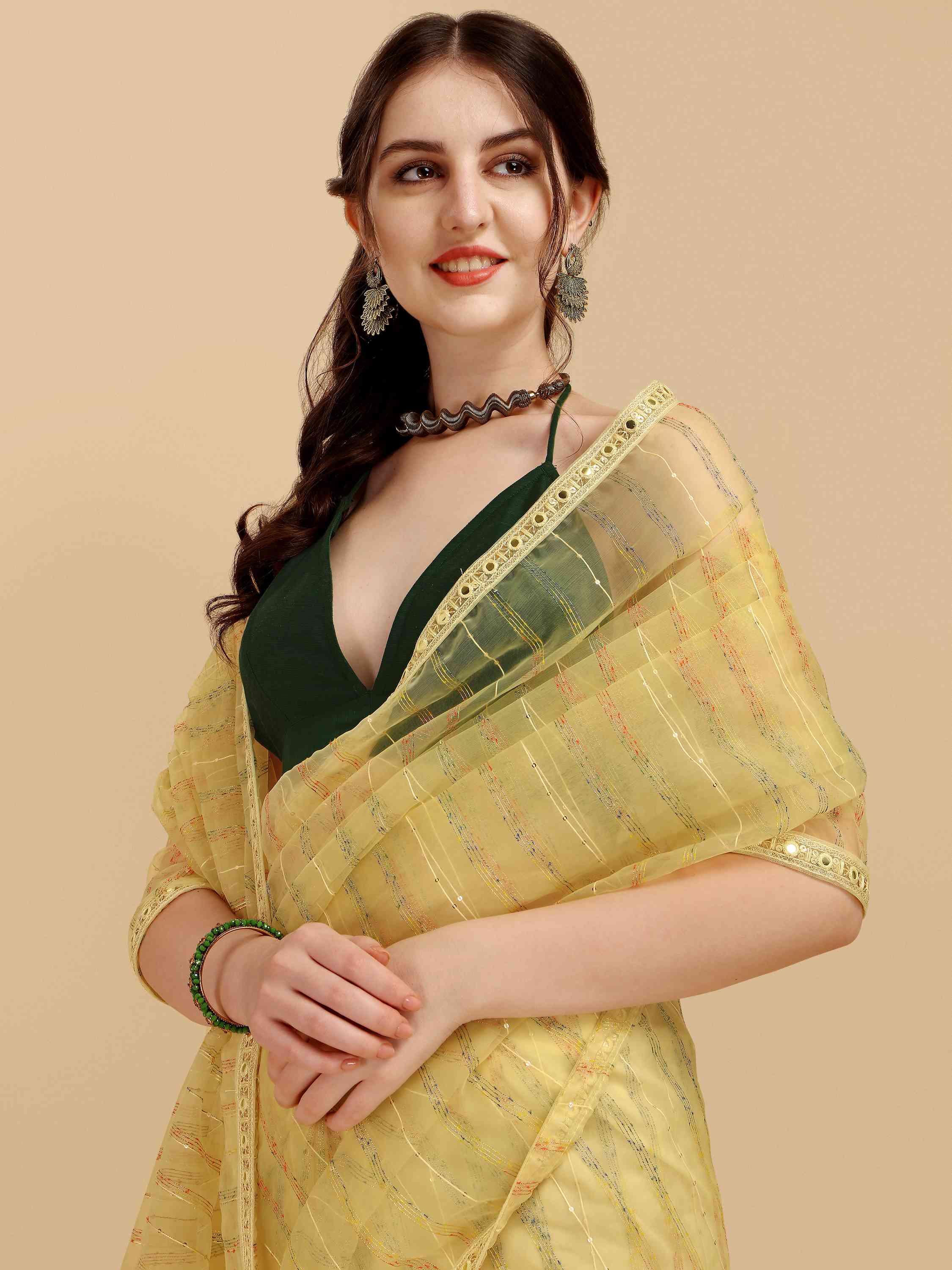 DUNGRANI YELLOW FEEZY MULTIMELON ORGANZA SILK SAREE