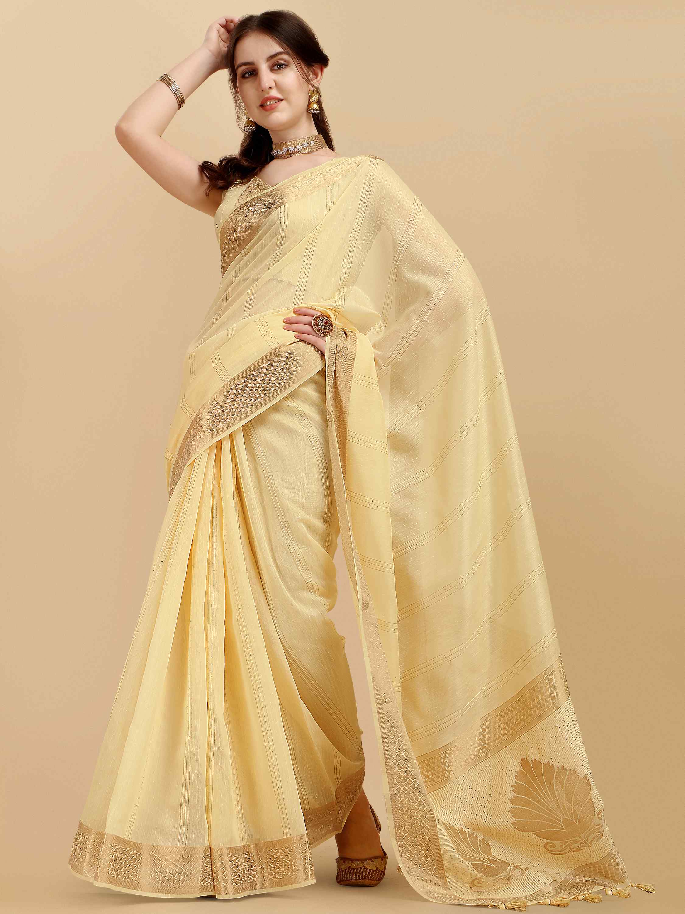 DUNGRANI LINEN SHELL YELLOW COTTON SILK SAREE