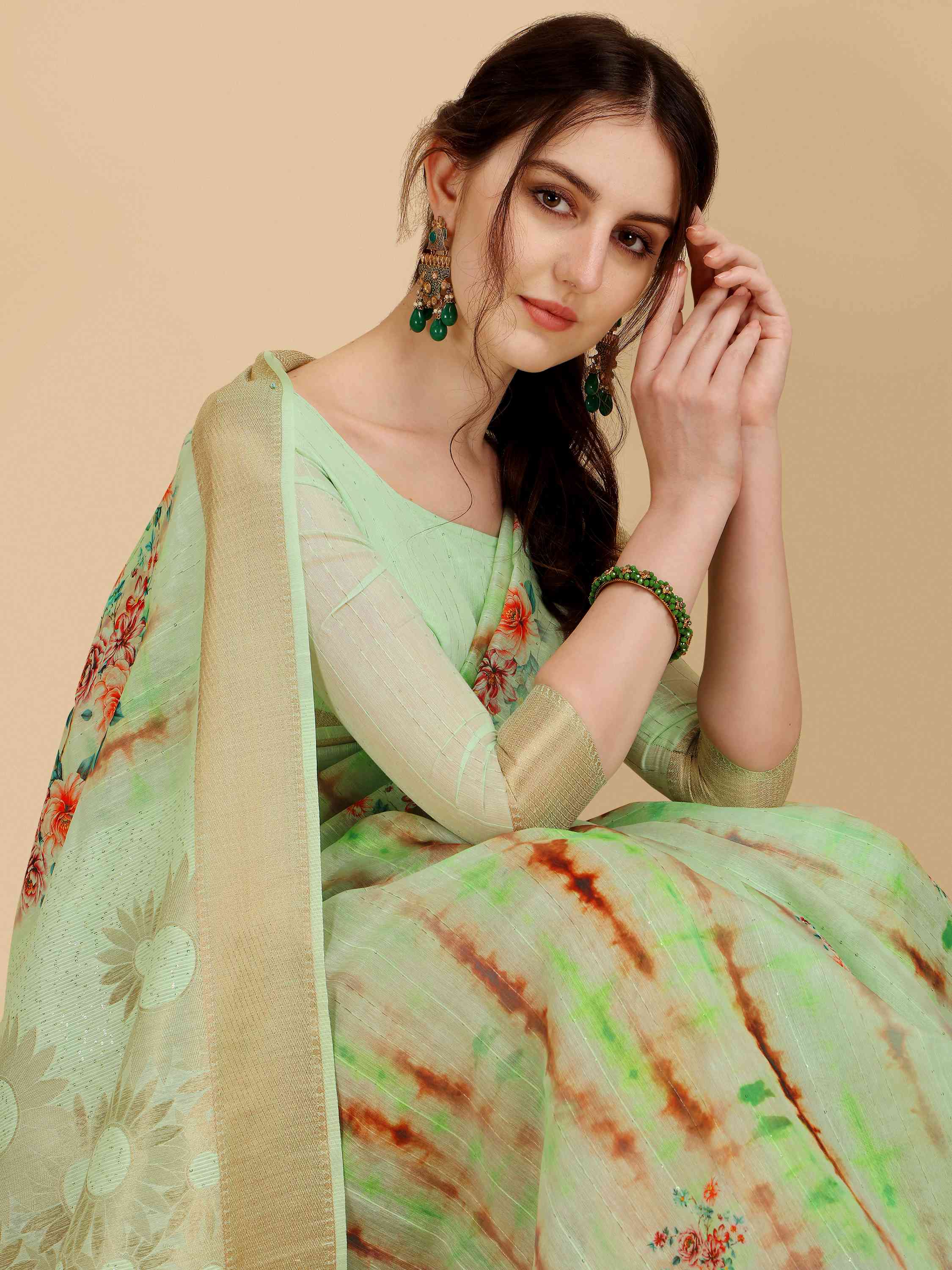 GREEN COTTON SILK DIGITAL PRINT SAREE