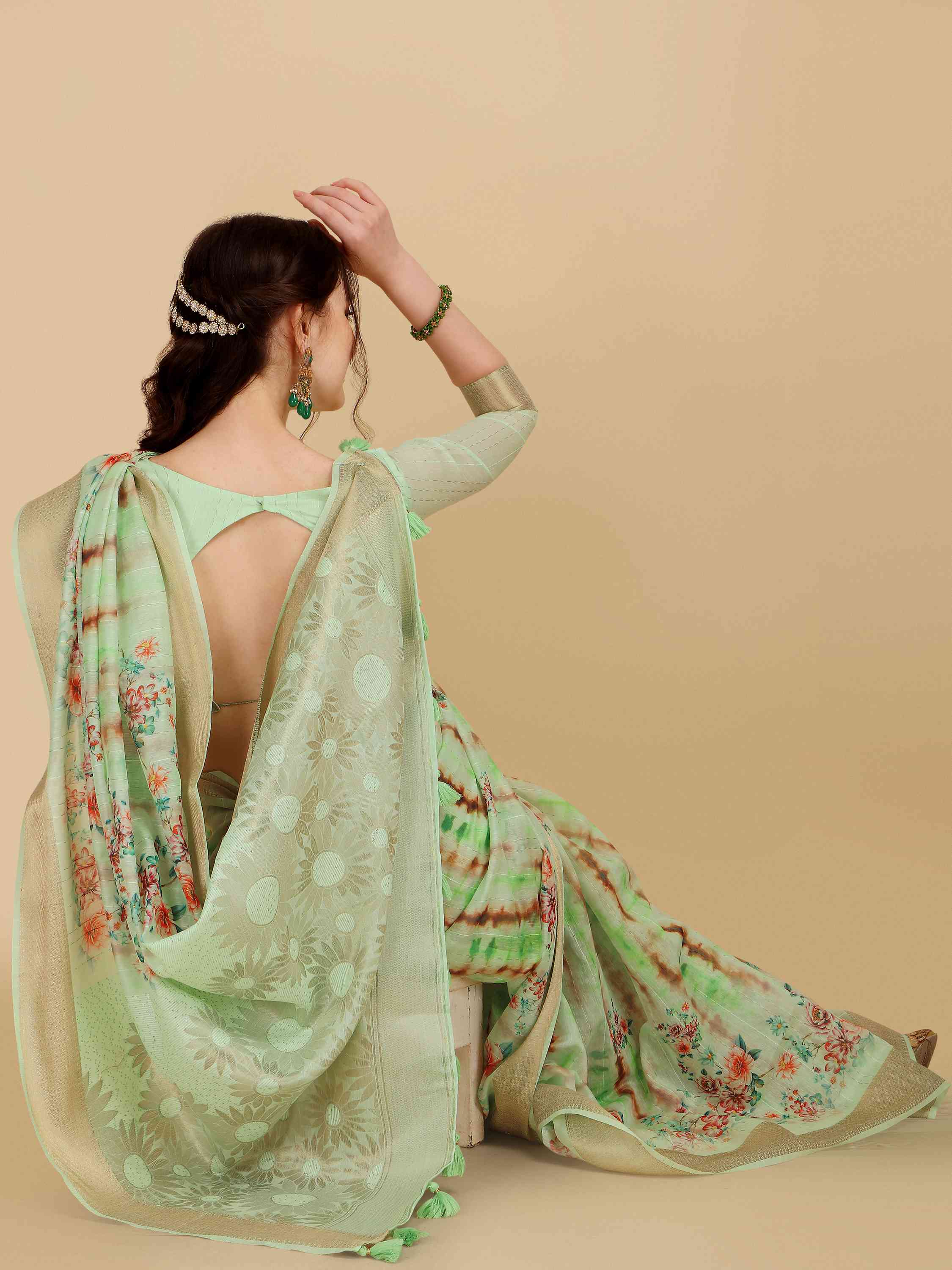 GREEN COTTON SILK DIGITAL PRINT SAREE