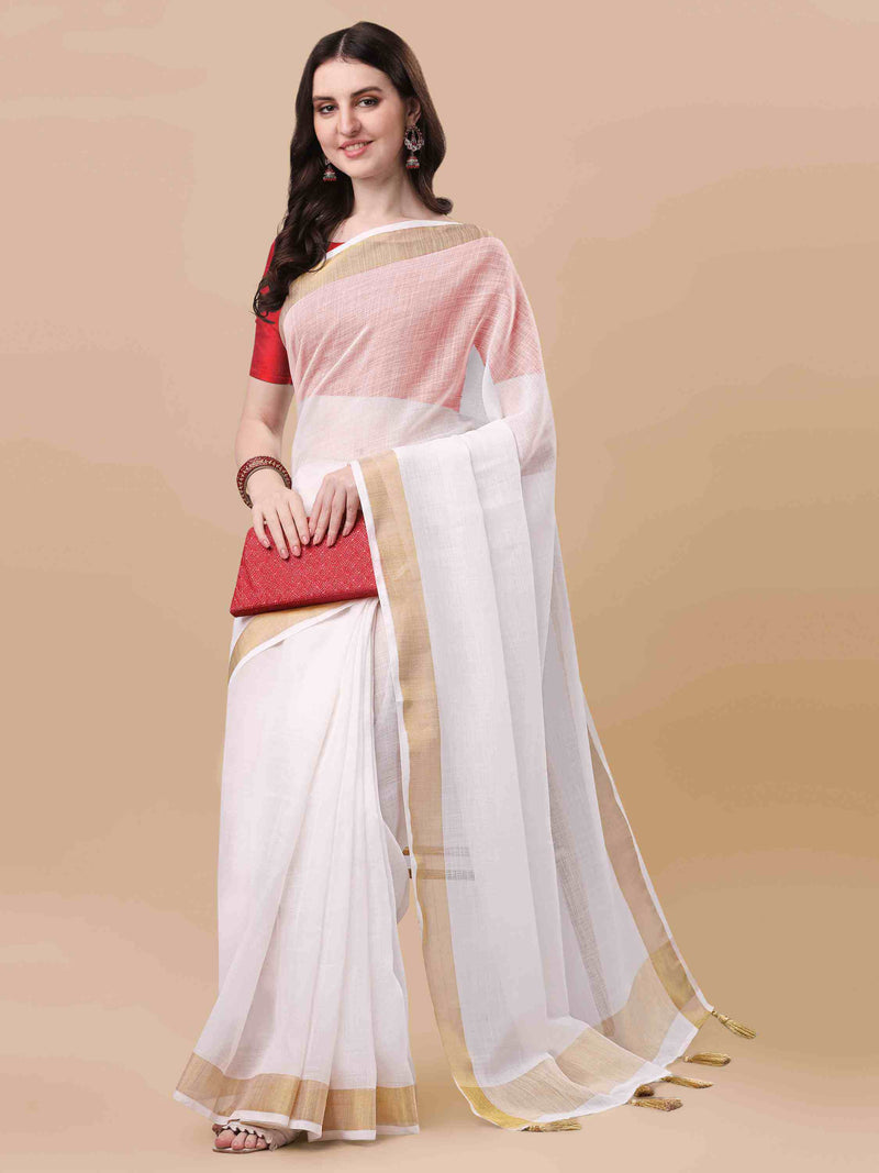 DUNGRANI ART LINEN KASAVU SOLID WHITE SAREE WITH GOLDEN ZARI BORDER