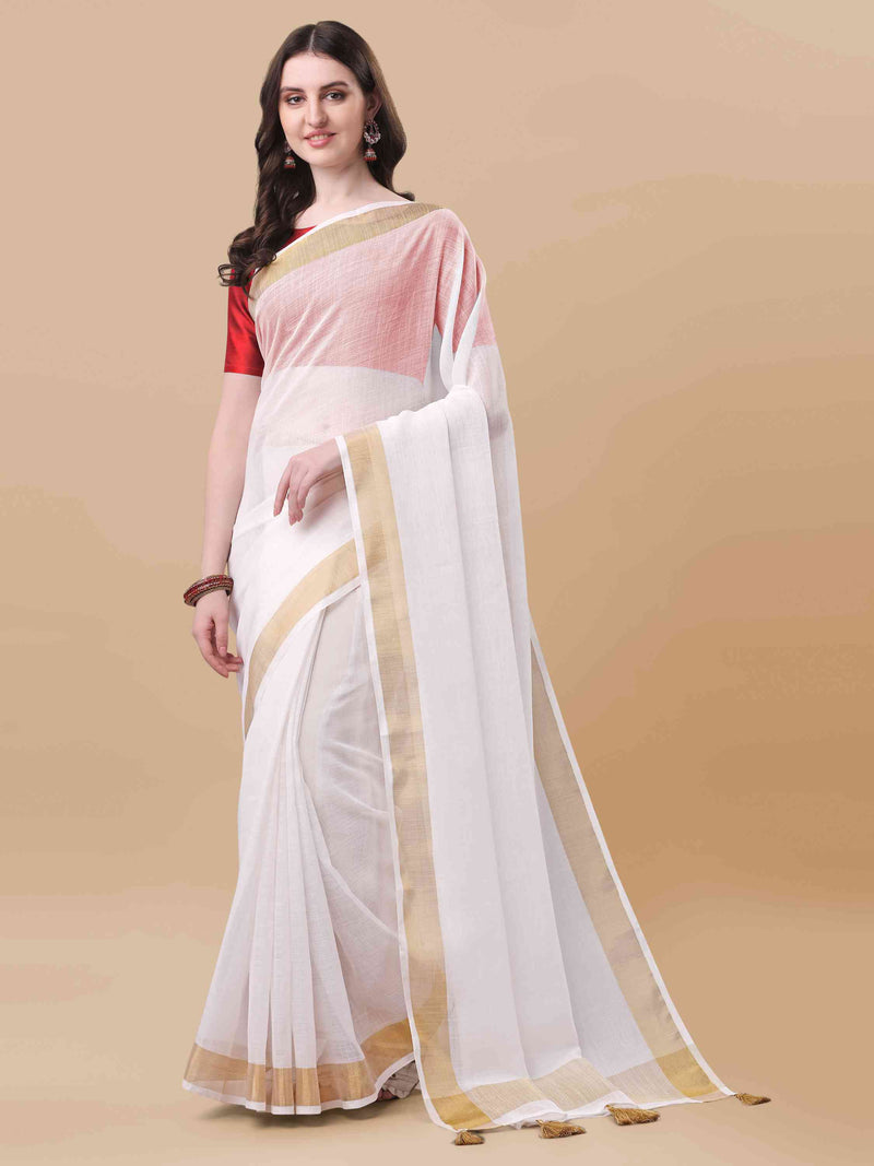 DUNGRANI ART LINEN KASAVU SOLID WHITE SAREE WITH GOLDEN ZARI BORDER