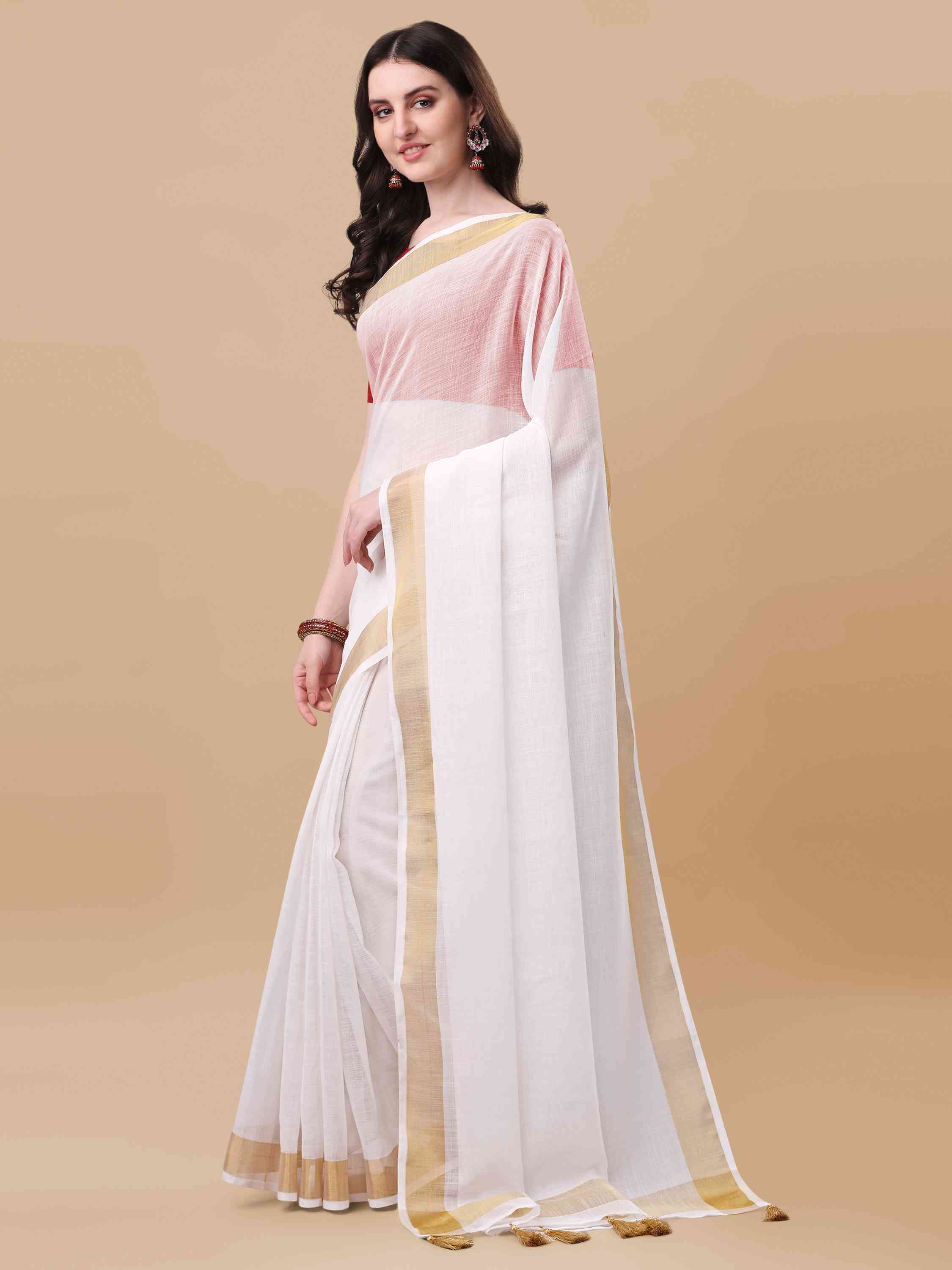 DUNGRANI ART LINEN KASAVU SOLID WHITE SAREE WITH GOLDEN ZARI BORDER