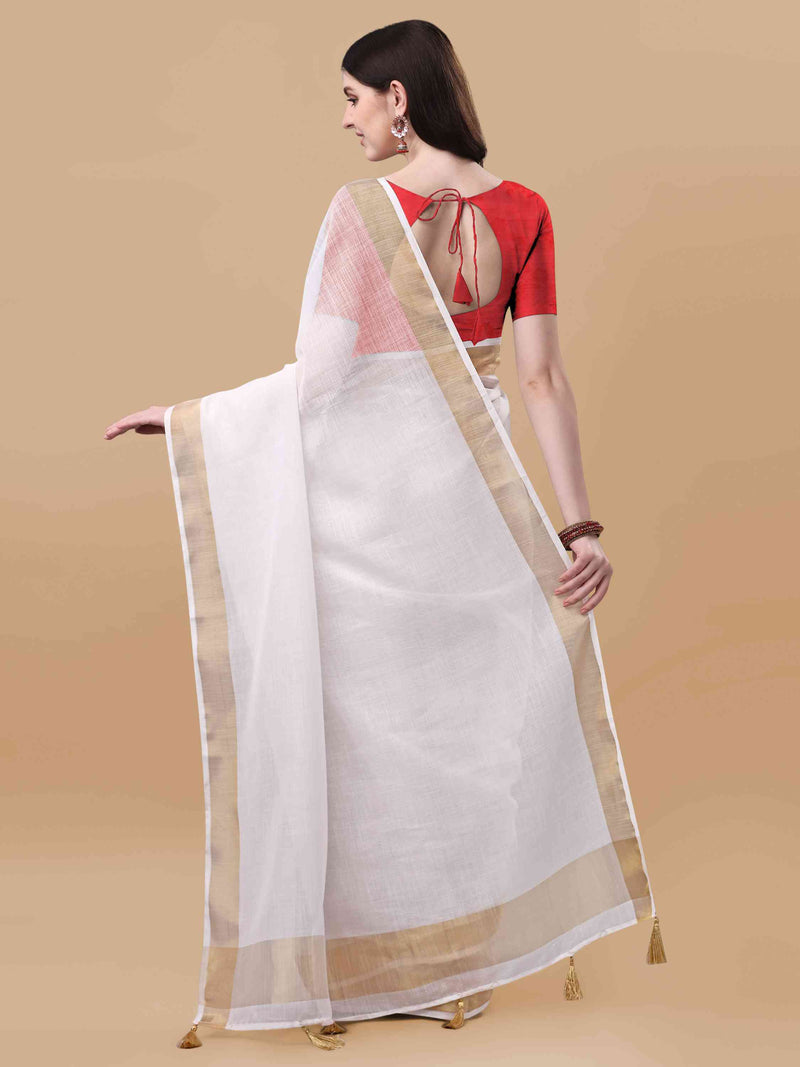 DUNGRANI ART LINEN KASAVU SOLID WHITE SAREE WITH GOLDEN ZARI BORDER