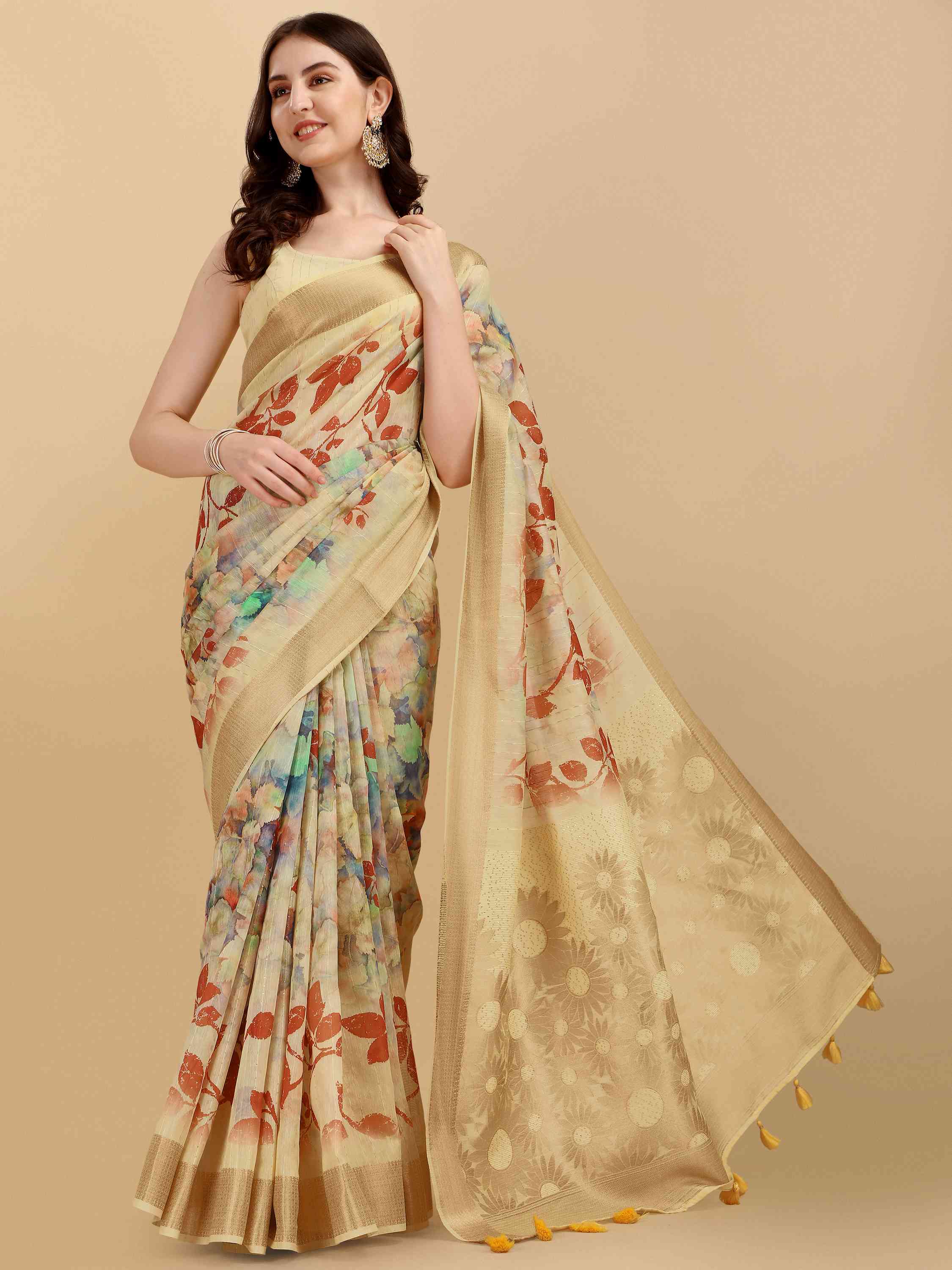 YELLOW COTTON SILK DIGITAL PRINT SAREE