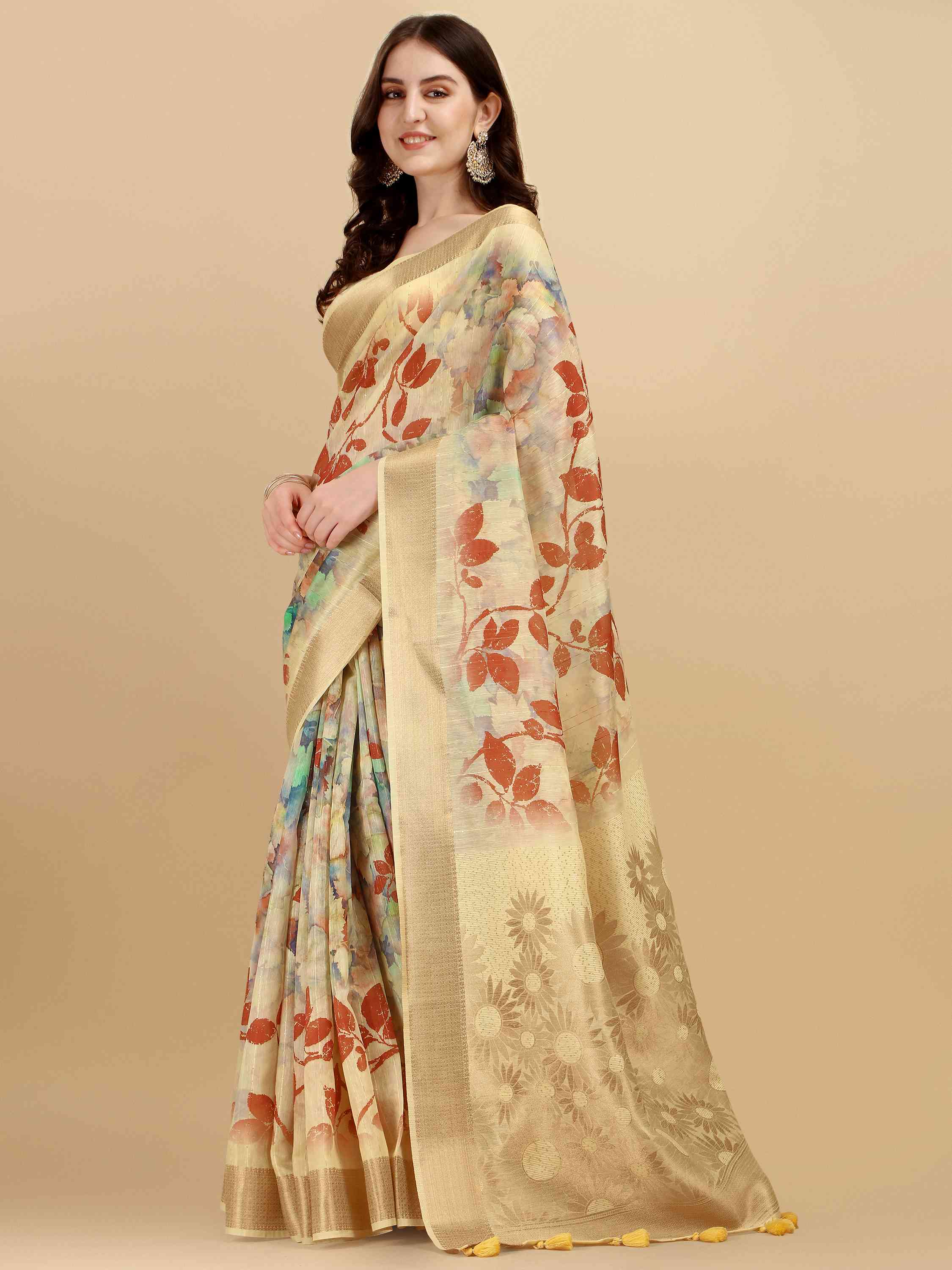 YELLOW COTTON SILK DIGITAL PRINT SAREE