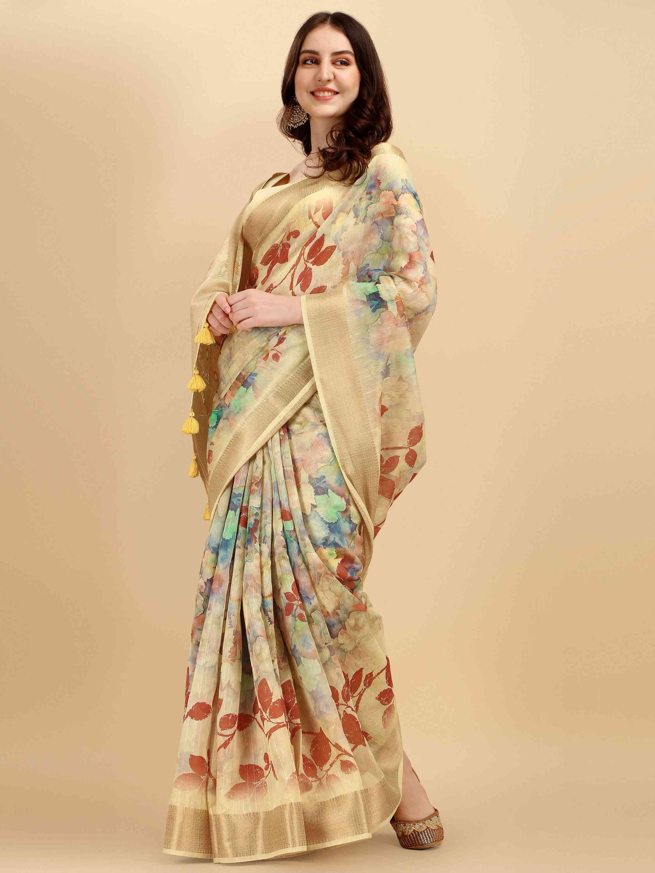 YELLOW COTTON SILK DIGITAL PRINT SAREE