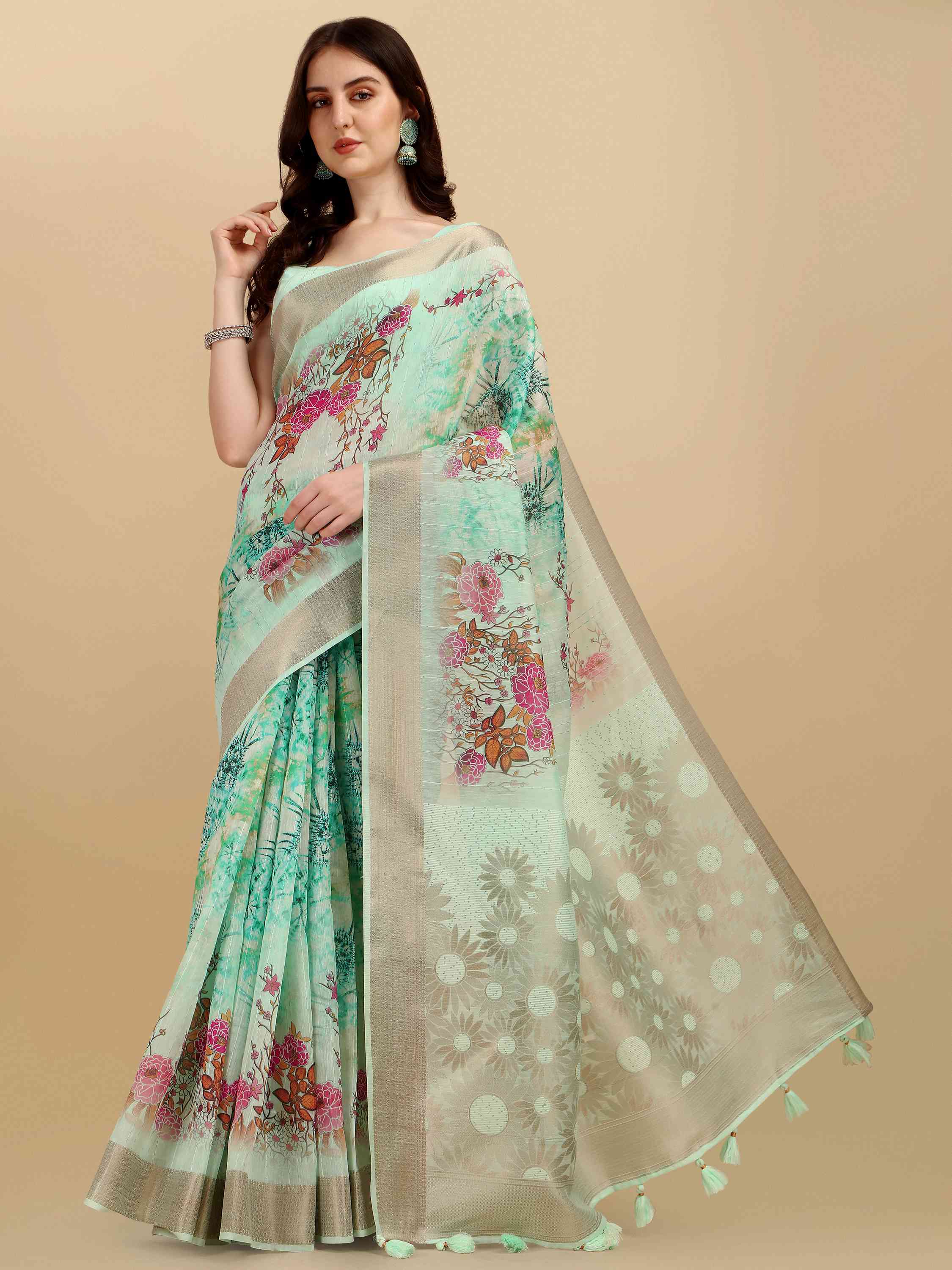 TURQUOISE COPPER ORGANZA SILK SAREE